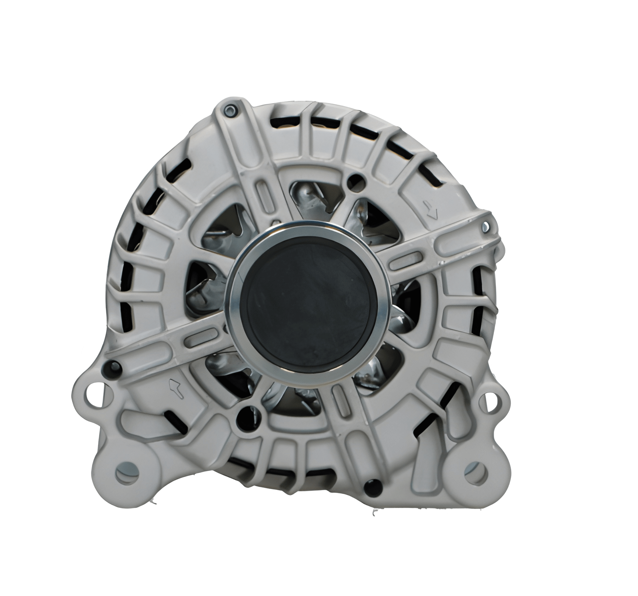 front view of A new aftermarket alternator for Audi vehicles, featuring a metallic body with multiple mounting holes and electrical connectors. on a white background