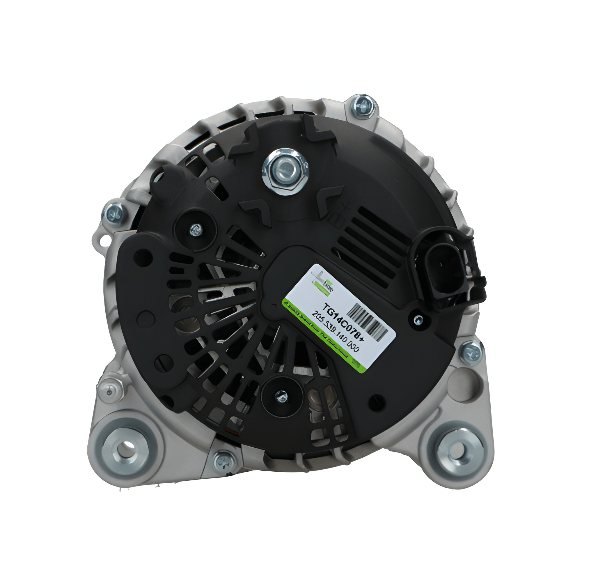 rear view of A new aftermarket alternator for Audi vehicles, featuring a metallic body with multiple mounting holes and electrical connectors. on a white background