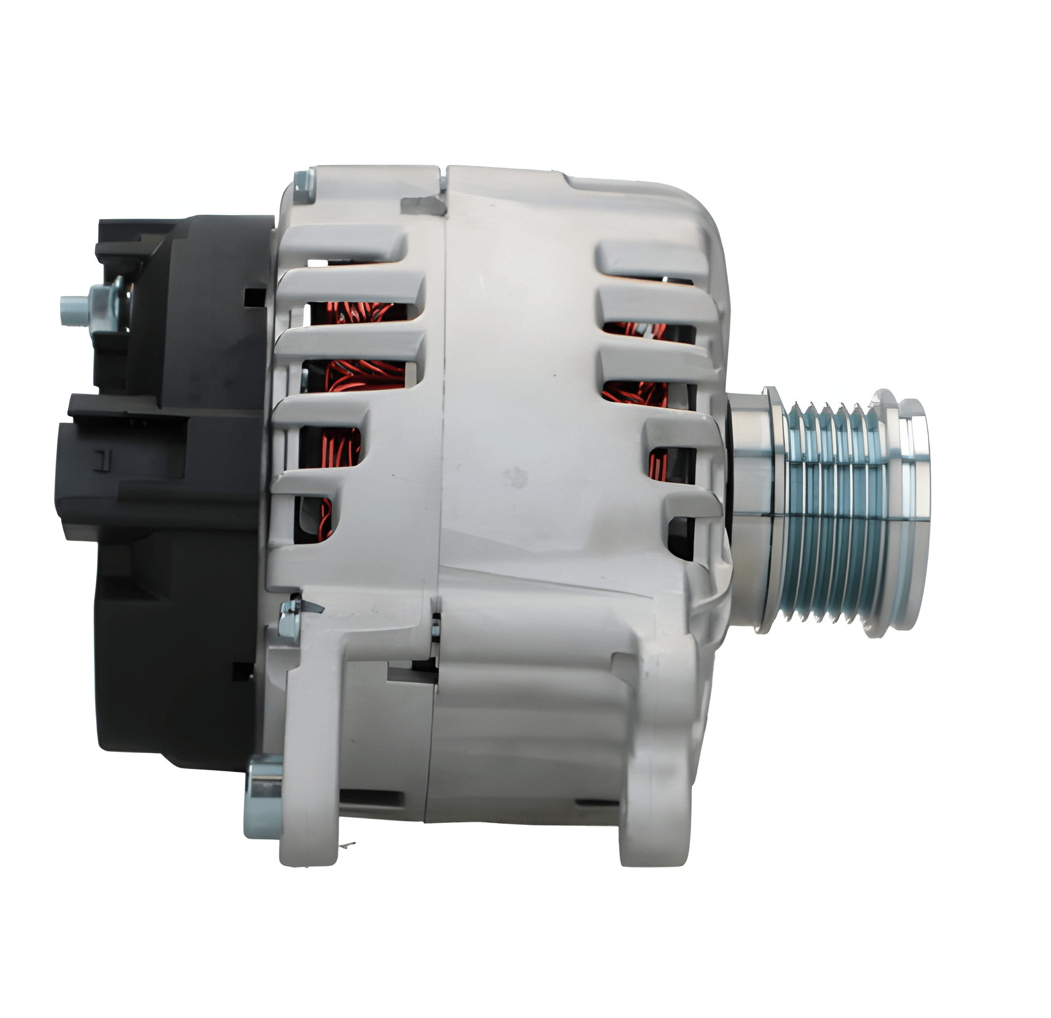 side view of A new aftermarket alternator for Audi vehicles, featuring a metallic body with multiple mounting holes and electrical connectors. on a white background