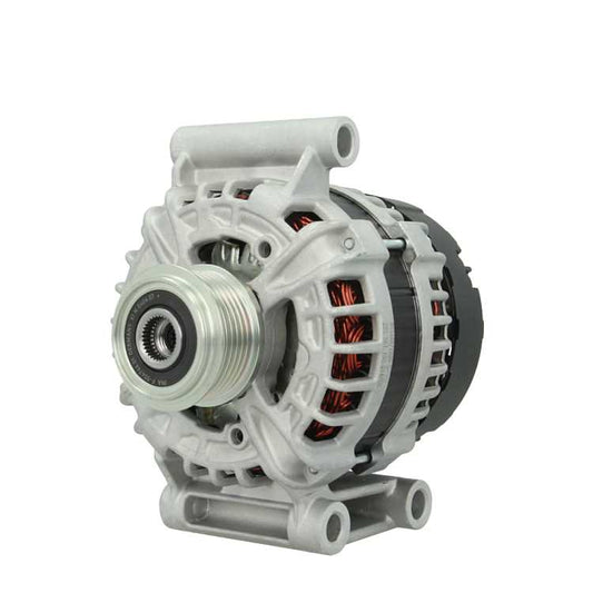 A new aftermarket alternator for Citroën/Peugeot vehicles, featuring a metal body with wiring and a pulley system.