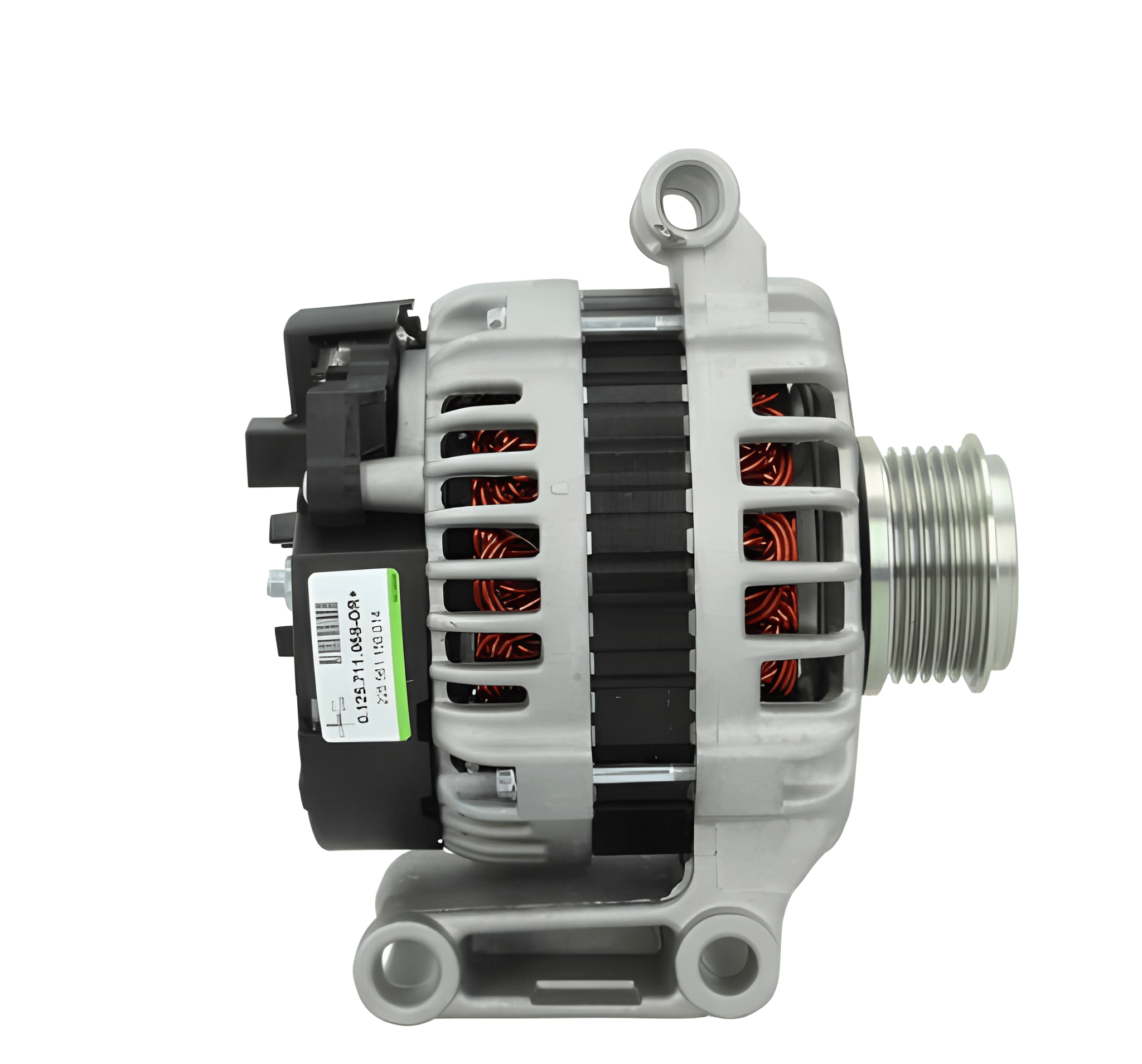 side view of a Car alternator on a white background
