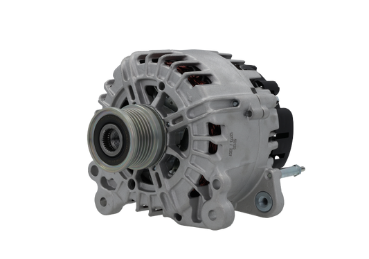A new 12V aftermarket 140Amp alternator for Volkswagen, Audi, Seat and Skoda vehicles, with metal body and free wheel pulley.