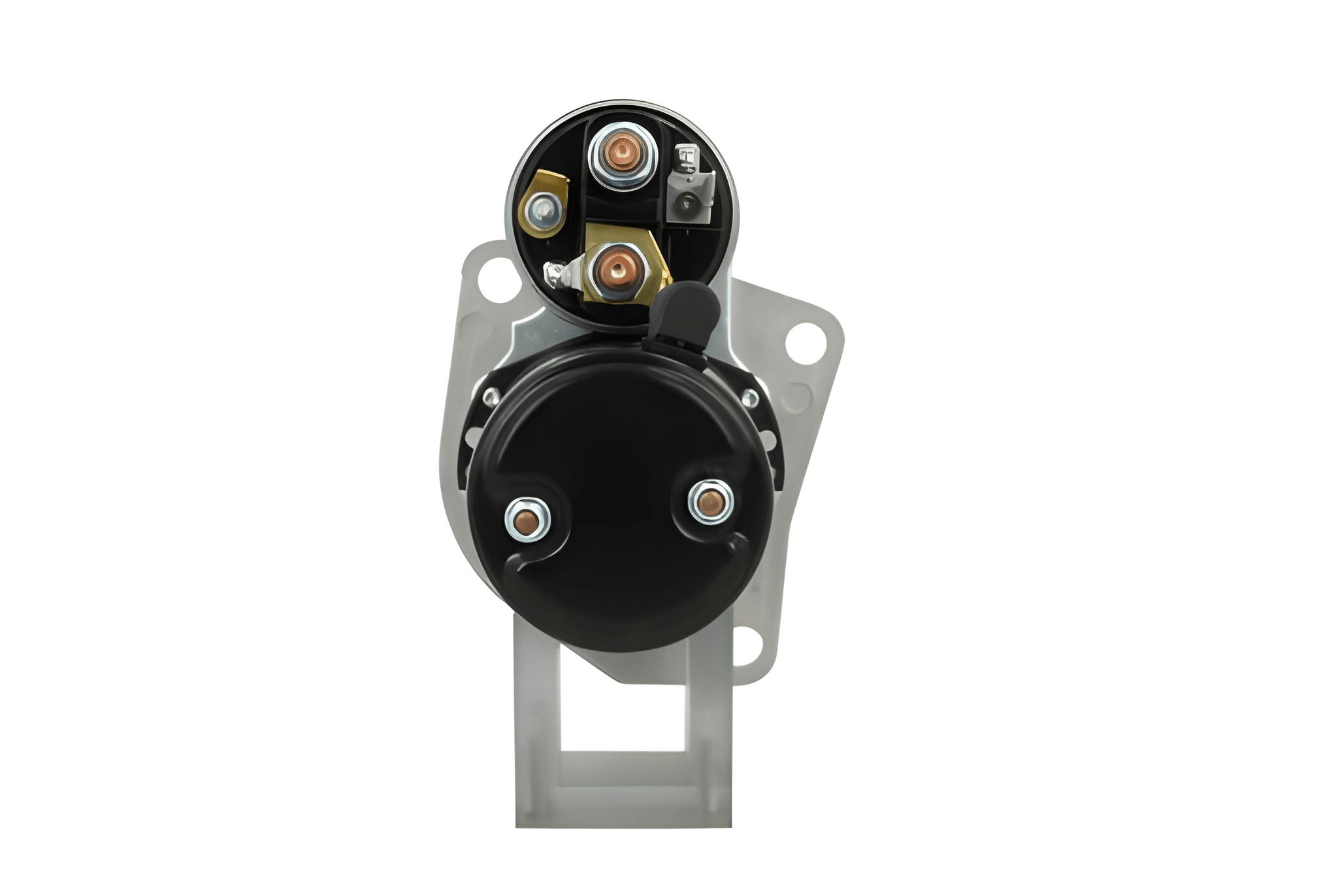 back view of A new 12V 1.1KW aftermarket starter motor for Ford vehicles, with a metallic body and electrical connectors.
