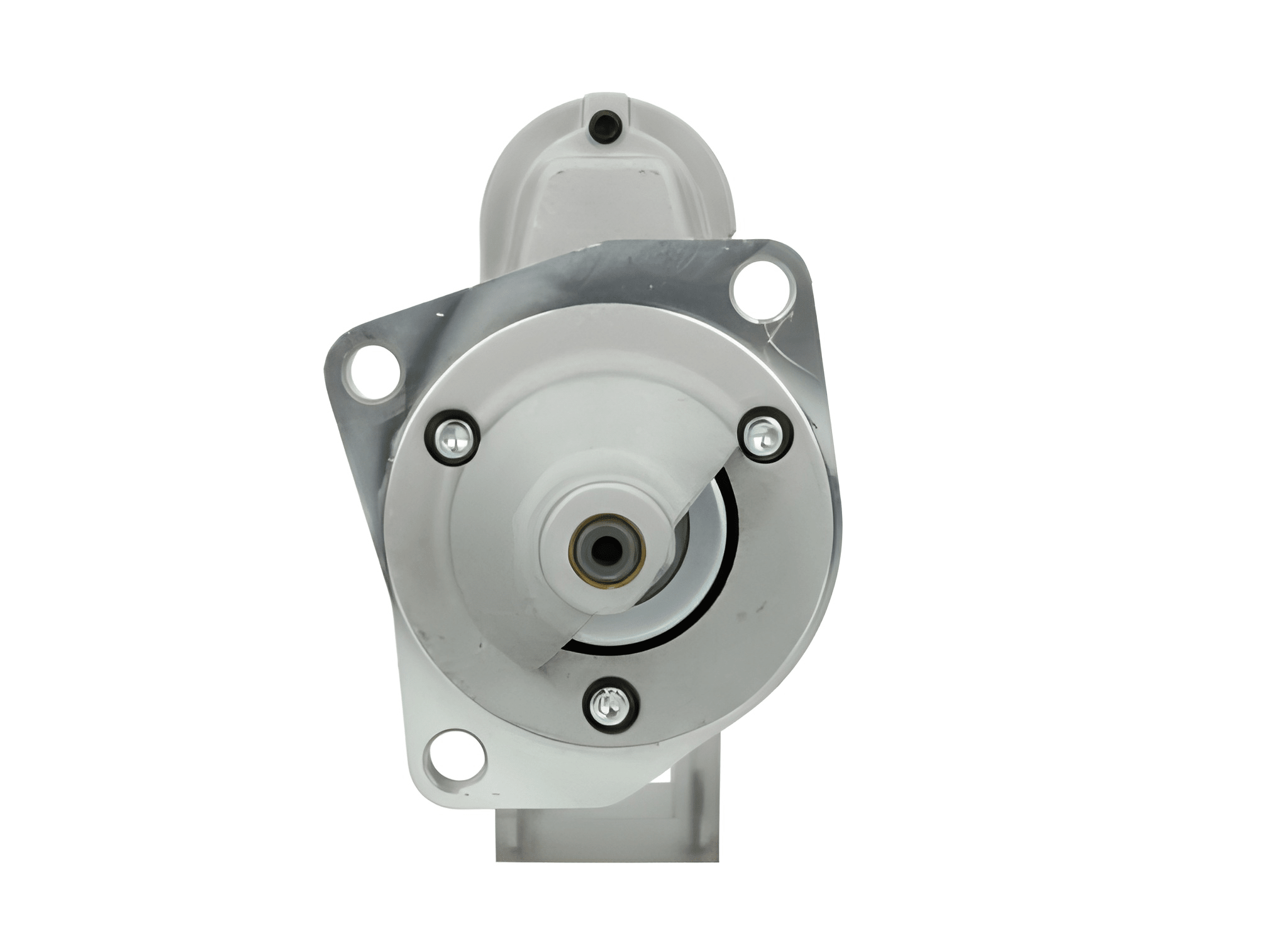 front view of A new 12V 1.1KW aftermarket starter motor for Ford vehicles, with a metallic body and electrical connectors.
