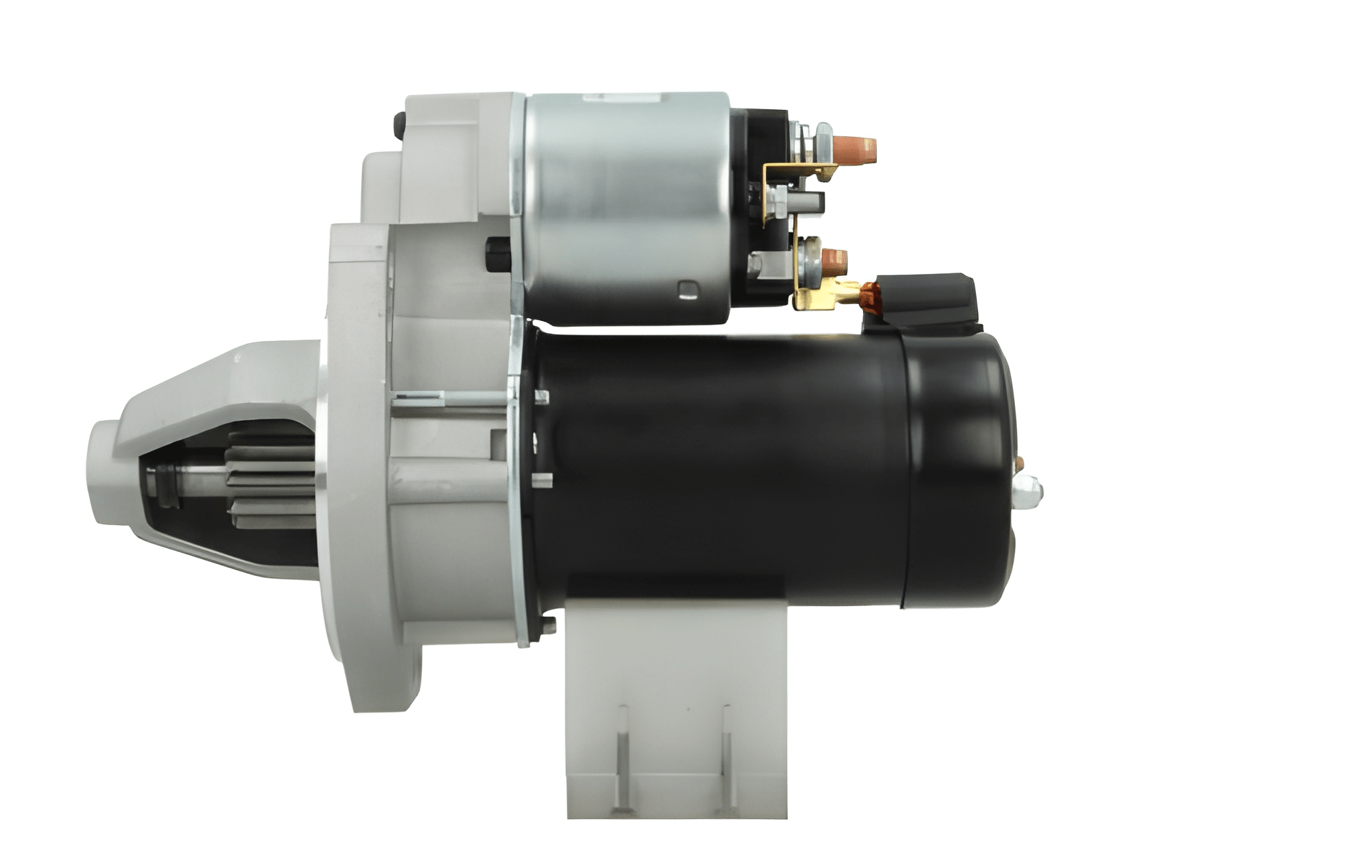side view of A new 12V 1.1KW aftermarket starter motor for Ford vehicles, with a metallic body and electrical connectors.