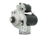 A new 12V starter motor 2.0KW for skoda, seat, audi and Volkswagen vehicles, showing the complete unit with mounting points and electrical connectors. 10 teeth