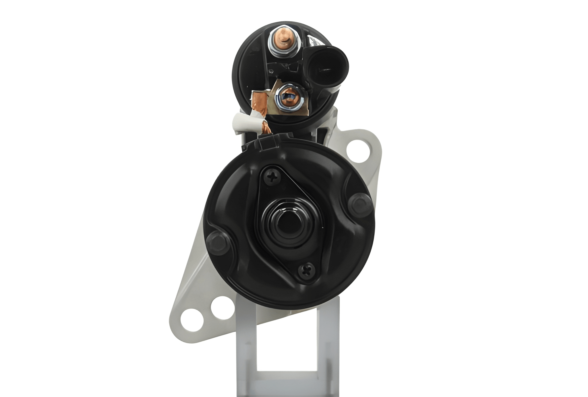 rear view of A new 12V starter motor 2.0KW for skoda, seat, audi and Volkswagen vehicles, showing the complete unit with mounting points and electrical connectors. 10 teeth