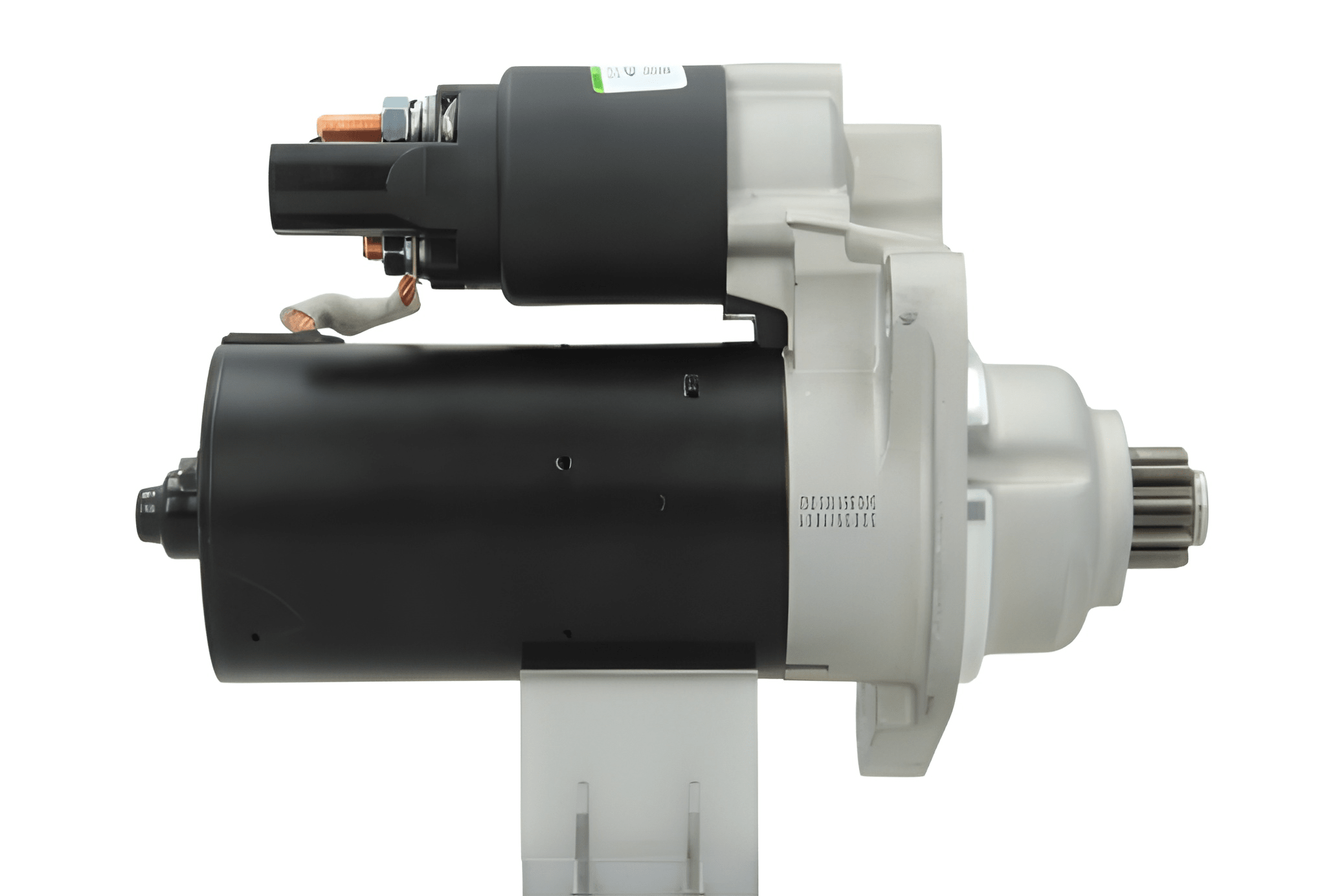side view of A new 12V starter motor 2.0KW for skoda, seat, audi and Volkswagen vehicles, showing the complete unit with mounting points and electrical connectors. 10 teeth