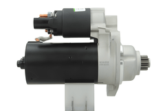 side view of A new 12V starter motor 2.0KW for skoda, seat, audi and Volkswagen vehicles, showing the complete unit with mounting points and electrical connectors. 10 teeth
