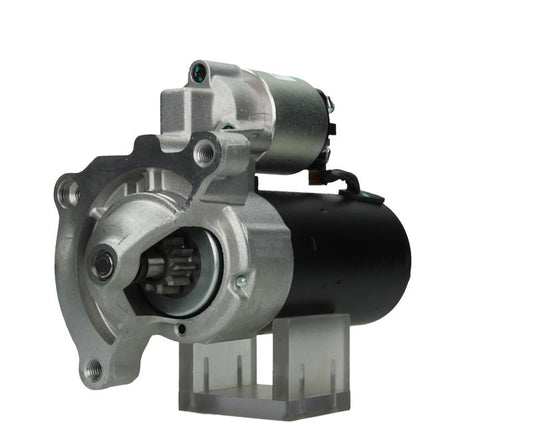 A new 12V starter motor 1.4KW for Citroen, Peugeot, Fiat, Mitsubishi and Vauxhall vehicles, featuring a metallic body with a black and silver color scheme.