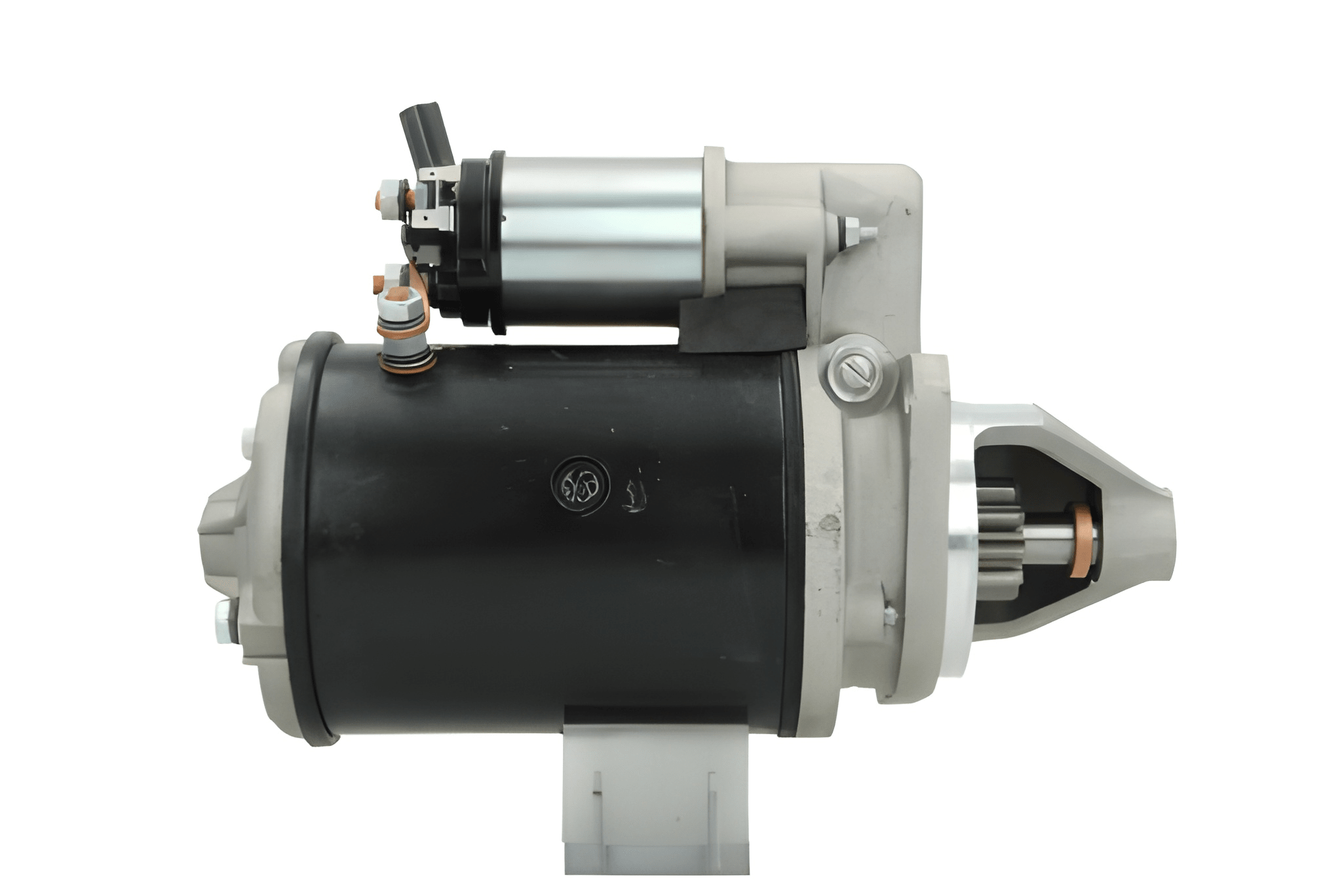 side view of A new 12V starter motor 2.8KW with 10 teeth for Massey Ferguson, predominantly metal with a black and silver color scheme.