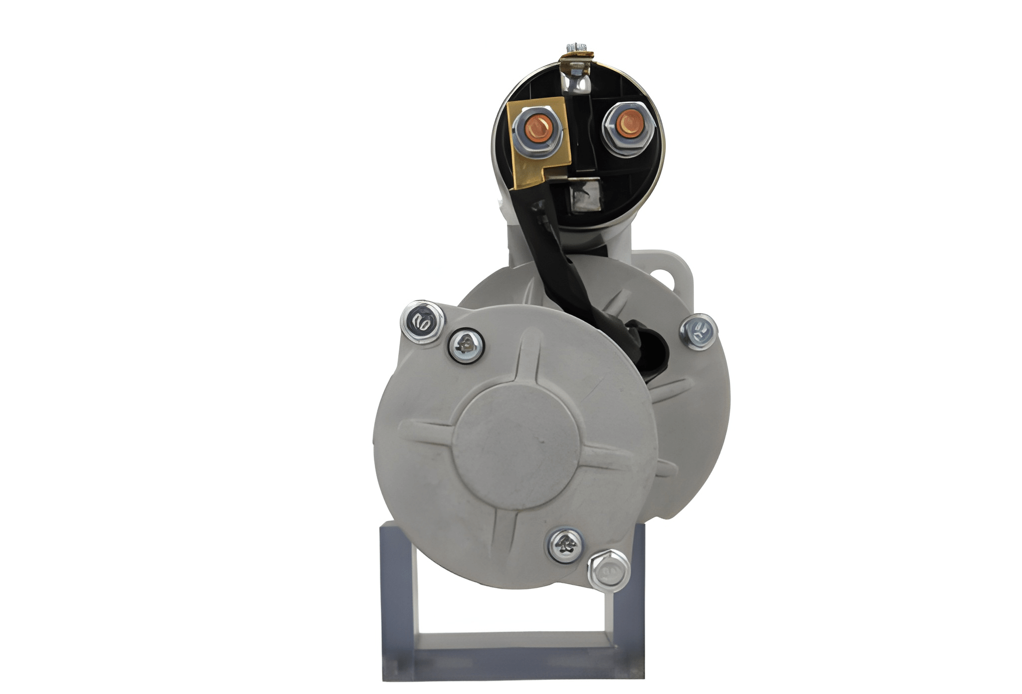 back view of A new 12V Mitsubishi starter motor 2.2KW for caterpillar, nissan and volvo vehicles, displaying the starter and electrical connectors.