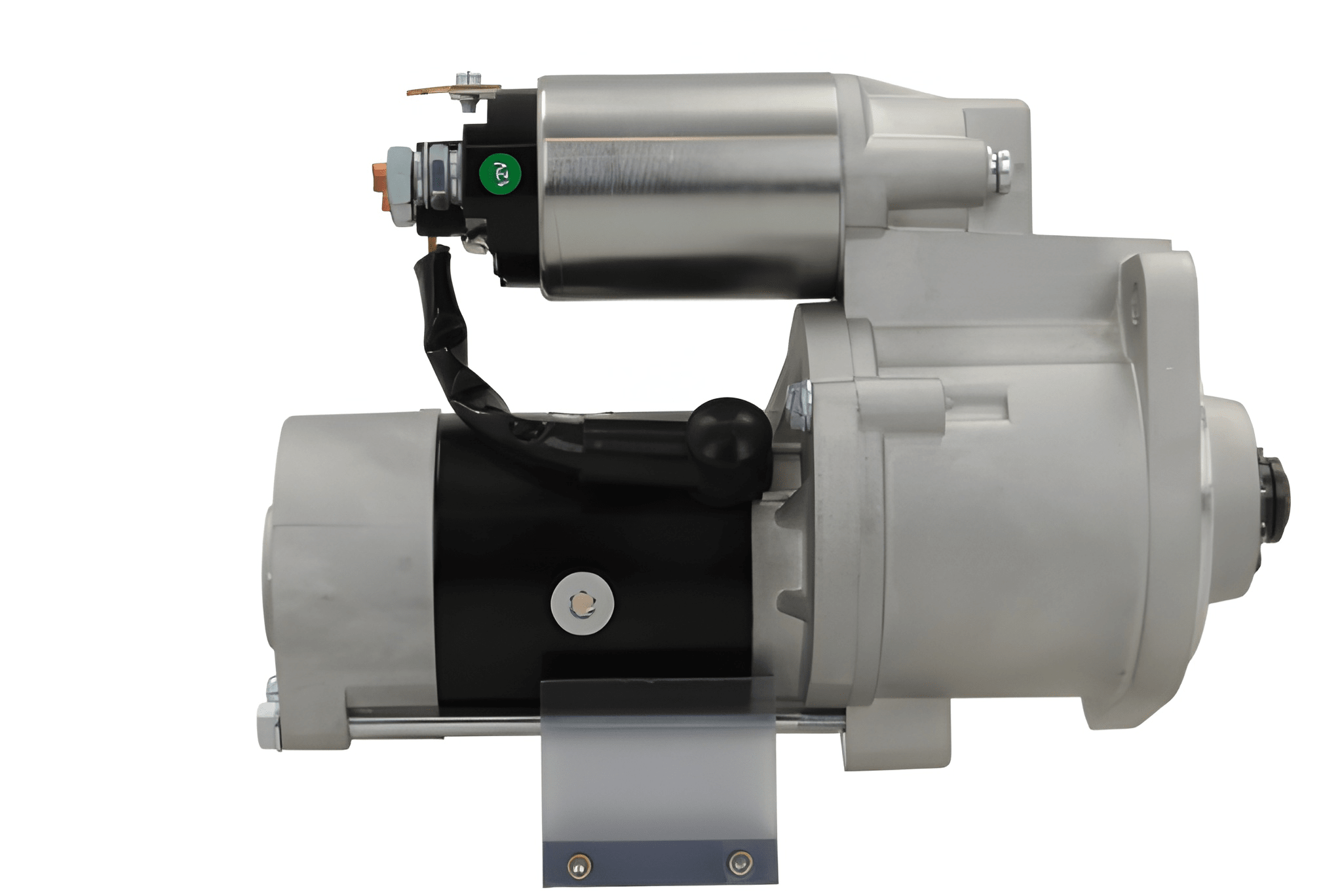 side view of A new 12V Mitsubishi starter motor 2.2KW for caterpillar, nissan and volvo vehicles, displaying the starter and electrical connectors.