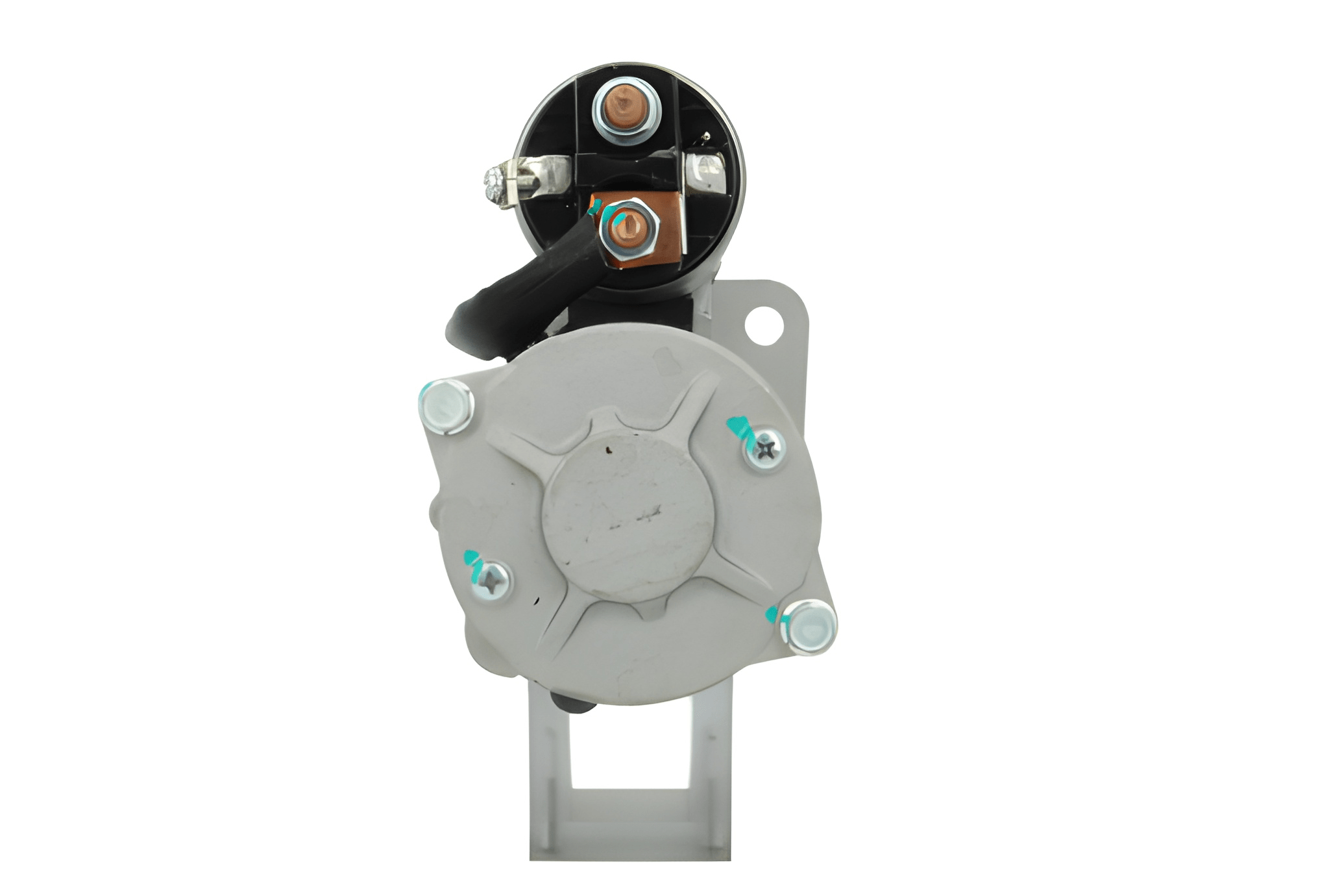 rear view of A 12V Mitsubishi 2.2 kw starter, showing a metal body with wiring and mounting points, isolated on a white background.