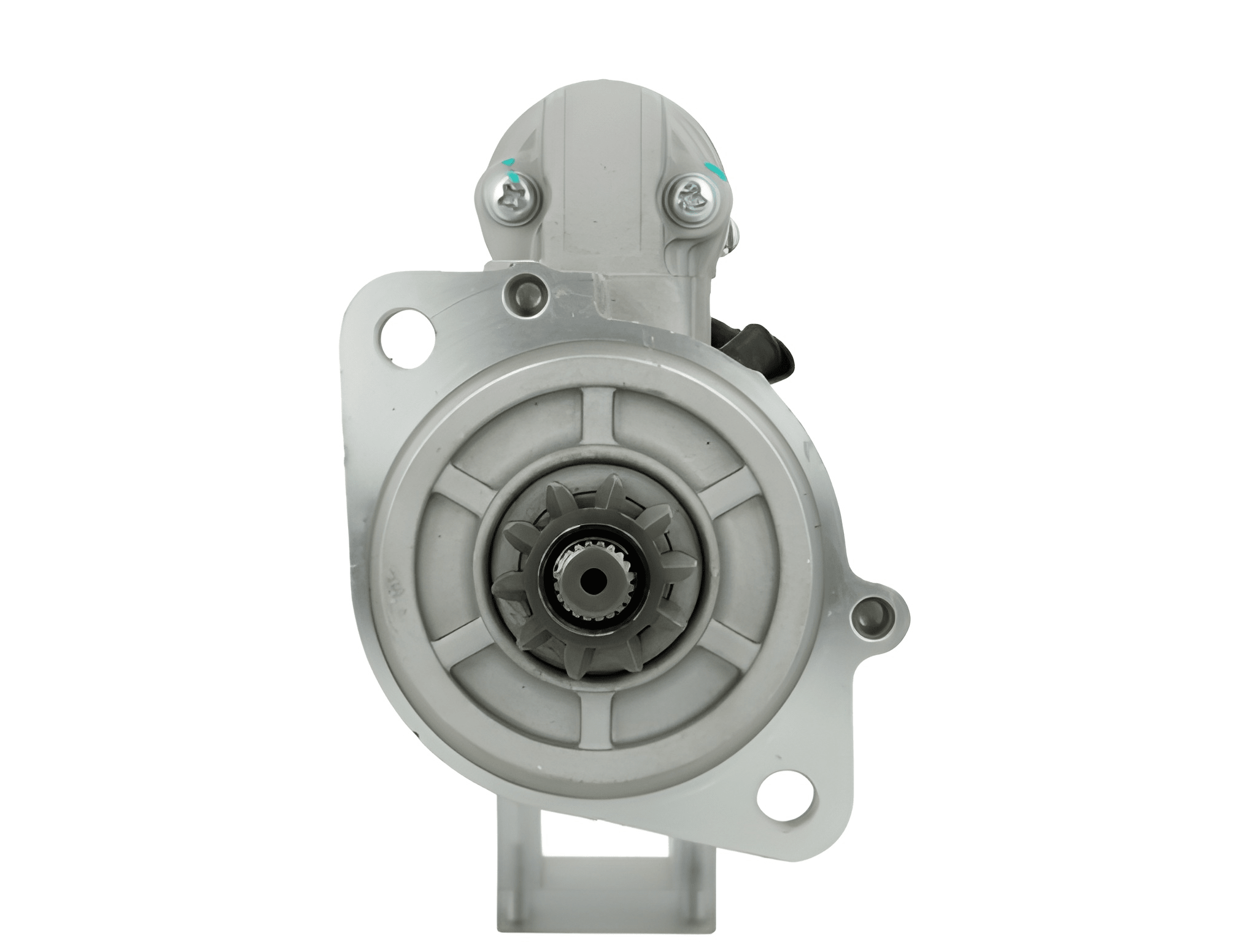 front of A 12V Mitsubishi 2.2 kw starter, showing a metal body with wiring and mounting points, isolated on a white background.