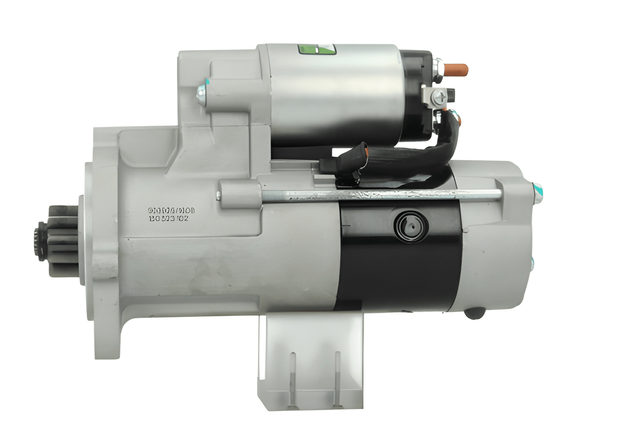 A 12V Mitsubishi 2.2 kw starter, showing a metal body with wiring and mounting points, isolated on a white background.