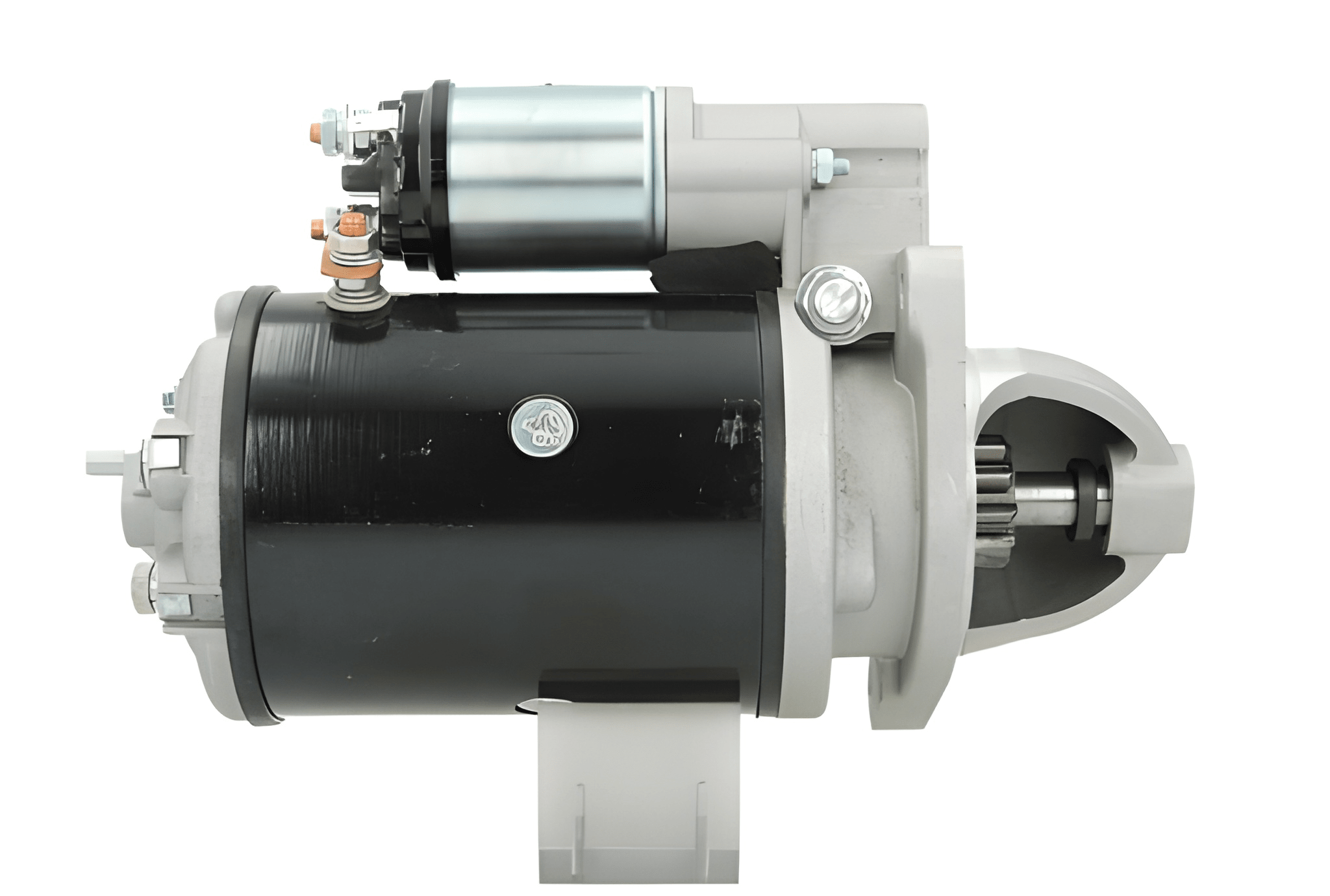 side view of A new 12V 2.8KW new holland starter motor for a tractor, predominantly silver and black in color.