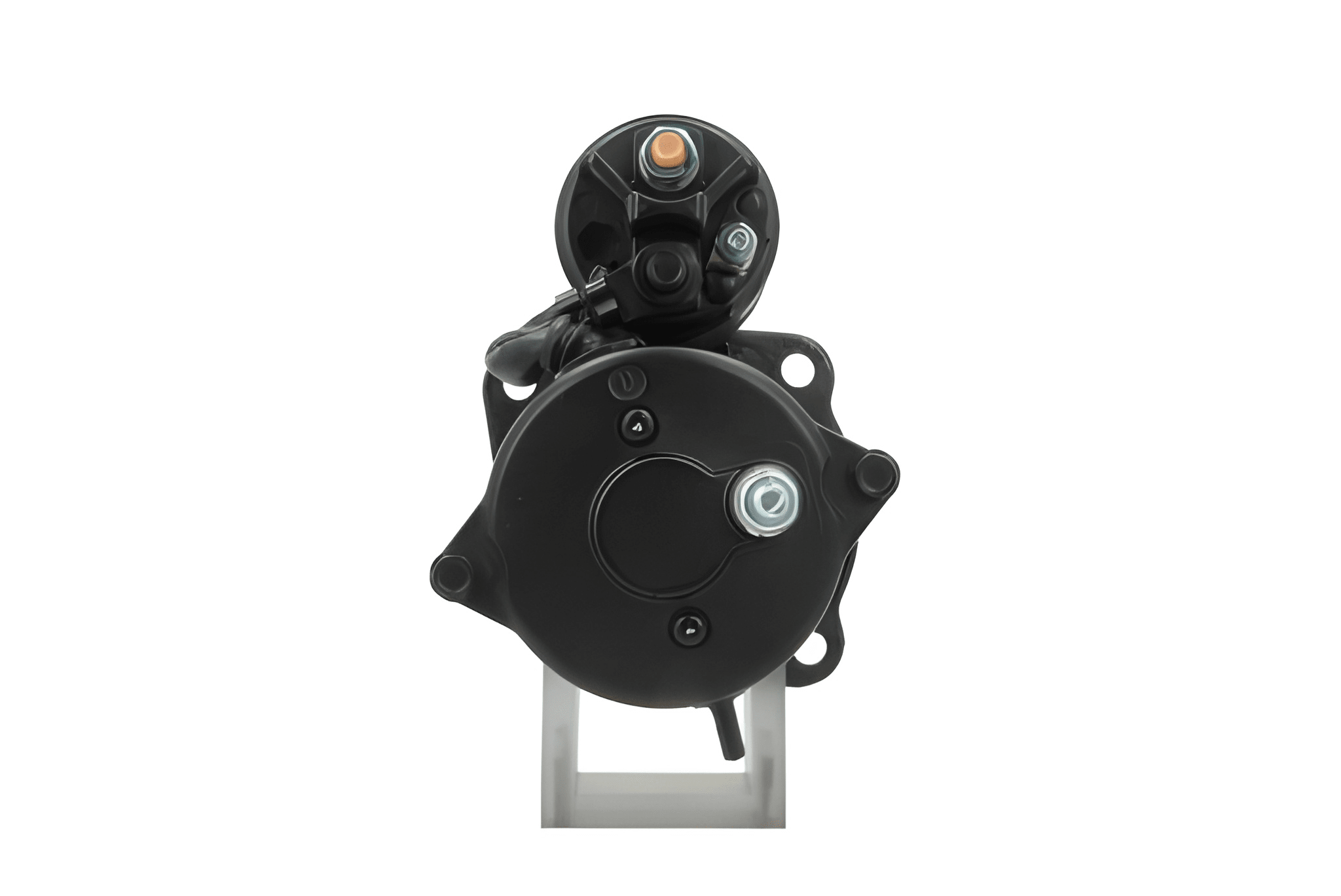 rear view of A 12V 3.2KW new aftermarket starter motor for perkins engines, 10 teeth predominantly black in color.