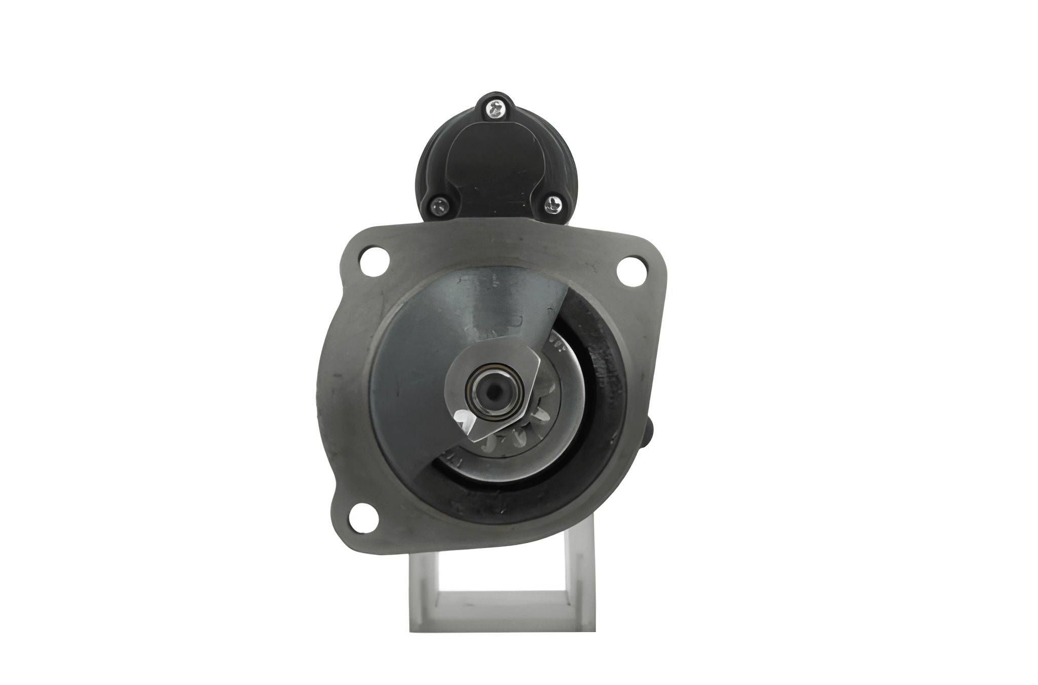 front view of A 12V 3.2KW new aftermarket starter motor for perkins engines, 10 teeth predominantly black in color.
