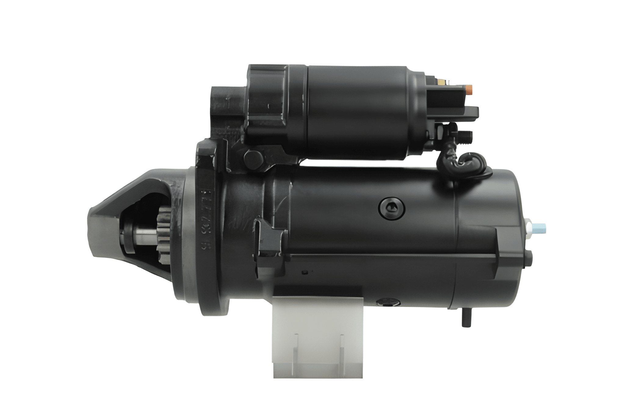 side view of A 12V 3.2KW new aftermarket starter motor for perkins engines, 10 teeth predominantly black in color.