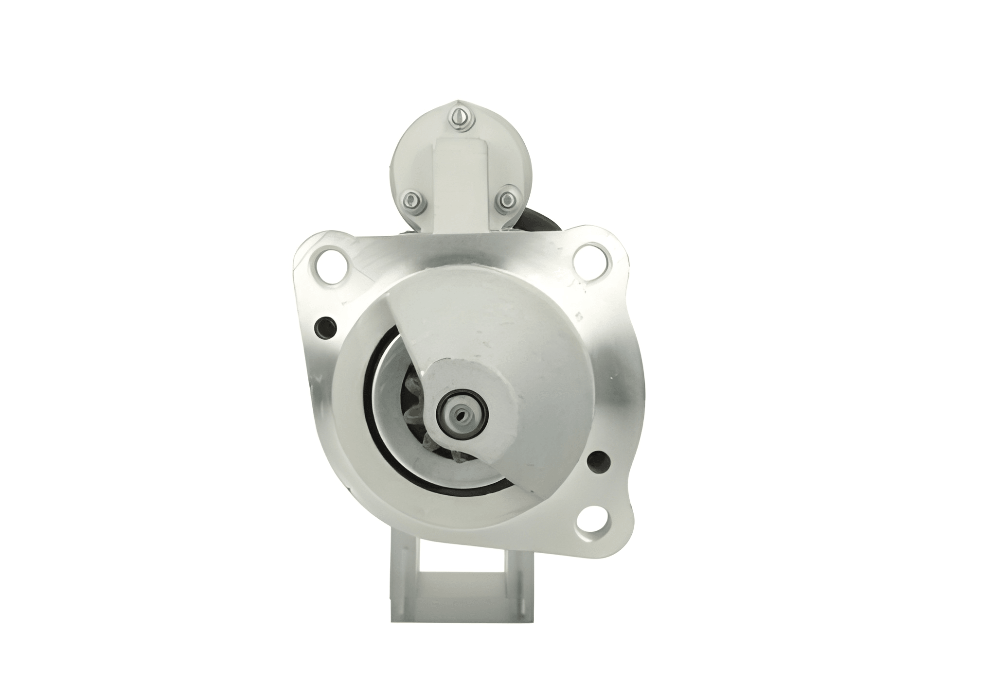 front view of A 12V silver and gray 3.0KW starter motor for a vehicle, with visible mounting points and electrical connectors and 10 teeth