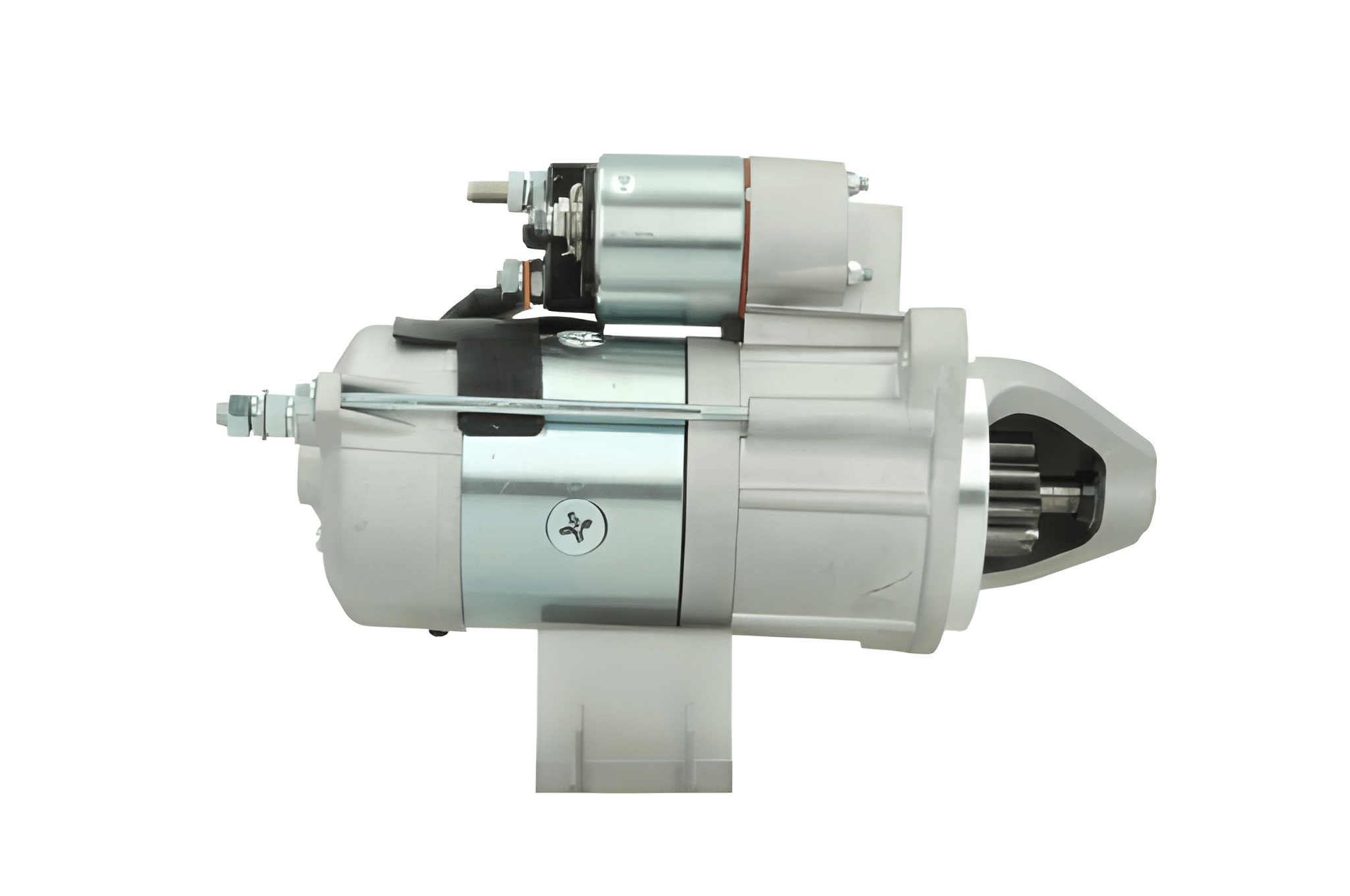 side view of A 12V silver and gray 3.0KW starter motor for a vehicle, with visible mounting points and electrical connectors and 10 teeth