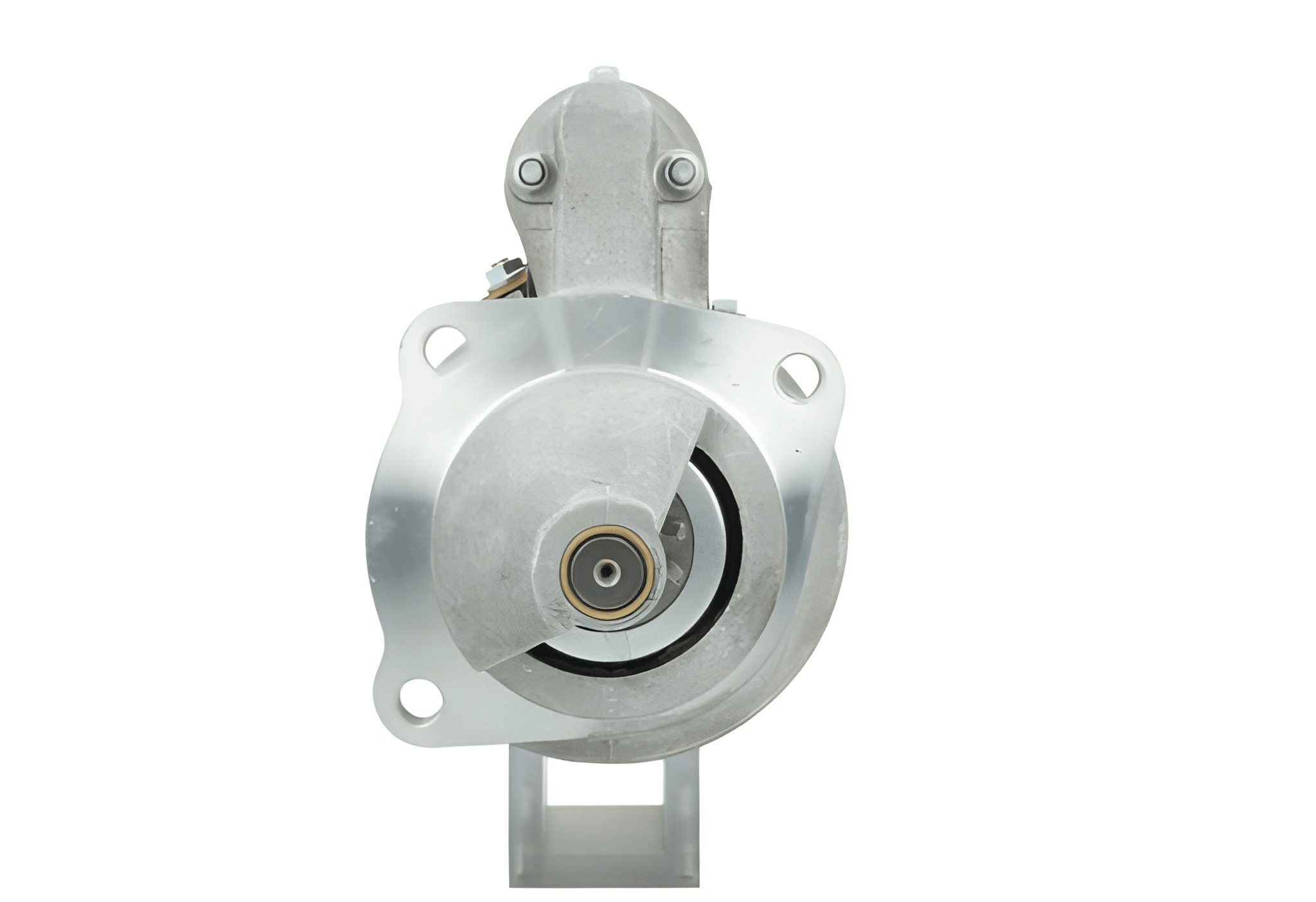 front view of A new 12V, 2.8KW aftermarket starter motor made of metal and plastic, designed for a Perkins engine.