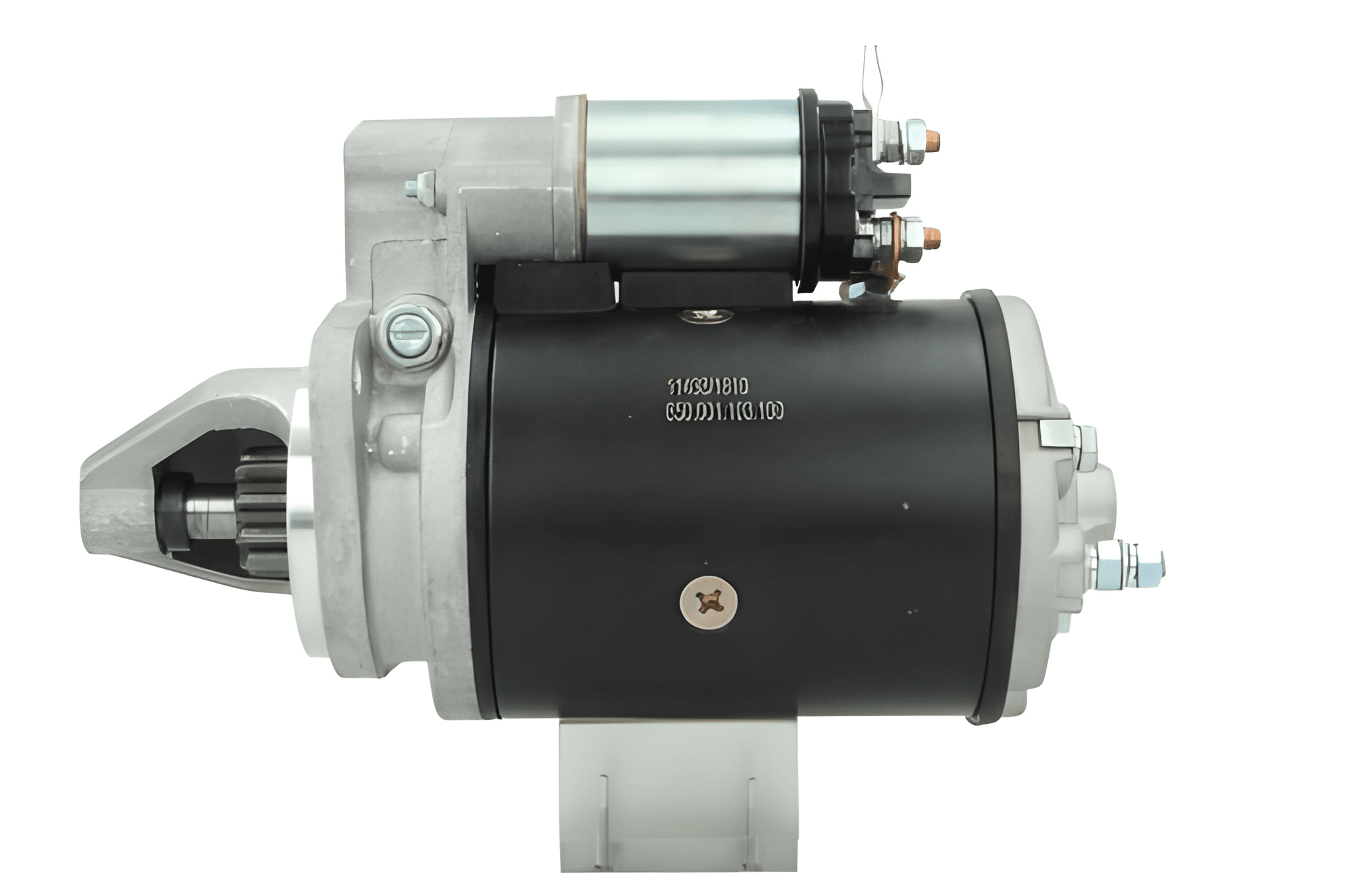 side view of A new 12V, 2.8KW aftermarket starter motor made of metal and plastic, designed for a Perkins engine.