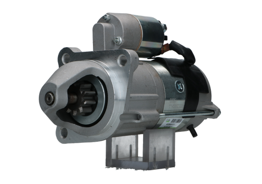 A new 12V aftermarket 3.0KW starter motor designed for Perkins engines, featuring a metallic body with a black cover and electrical connectors.