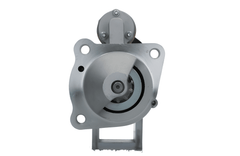 front view of A new 12V aftermarket 3.0KW starter motor designed for Perkins engines, featuring a metallic body with a black cover and electrical connectors.
