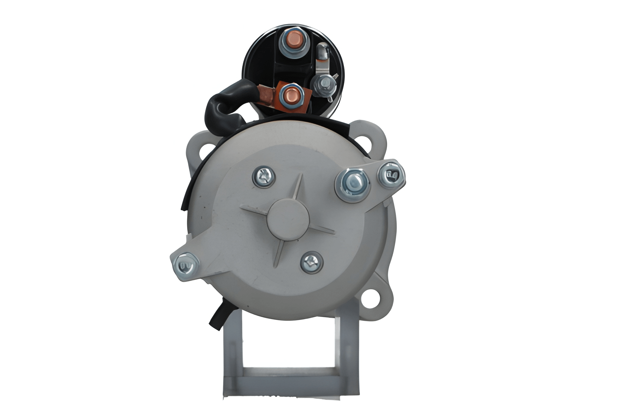 rear view of A new 12V aftermarket 3.0KW starter motor designed for Perkins engines, featuring a metallic body with a black cover and electrical connectors.