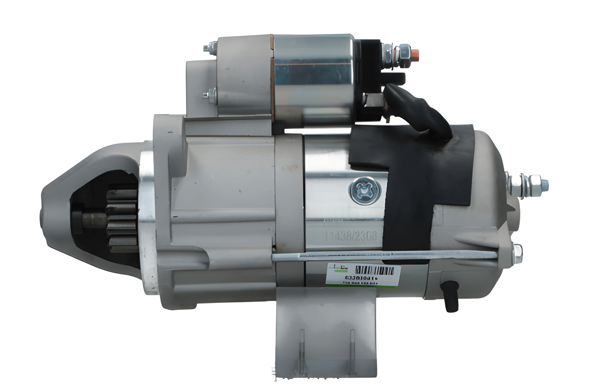 side view of A new 12V aftermarket 3.0KW starter motor designed for Perkins engines, featuring a metallic body with a black cover and electrical connectors.