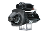 A new 12V 3.2KW aftermarket starter motor designed for Perkins engines, featuring a black body with metal components visible.
