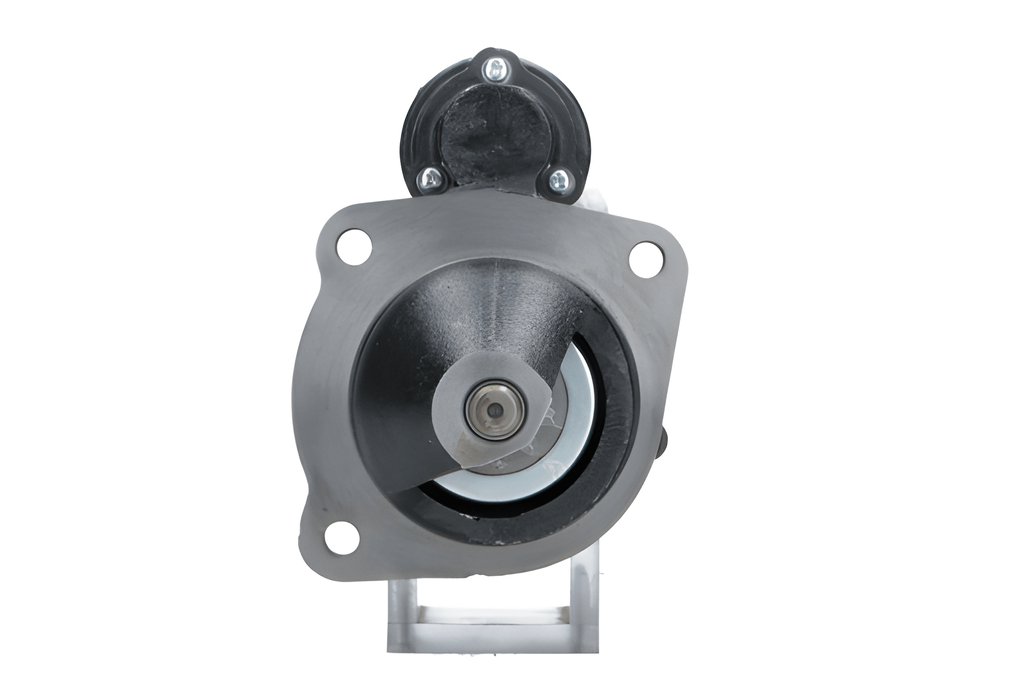 front view of A new 12V 3.2KW aftermarket starter motor designed for Perkins engines, featuring a black body with metal components visible.