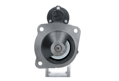 front view of A new 12V 3.2KW aftermarket starter motor designed for Perkins engines, featuring a black body with metal components visible.