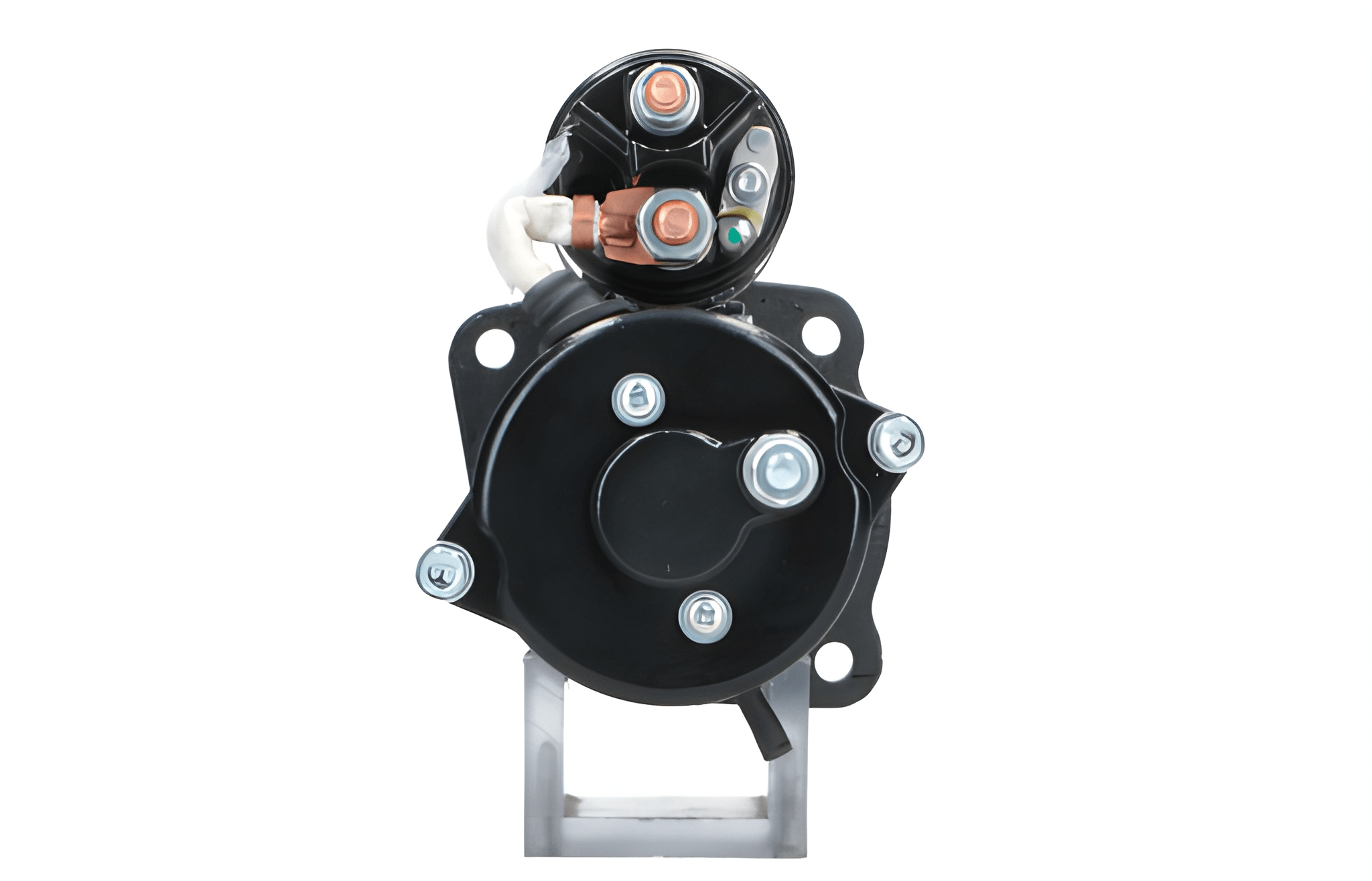 rear view of A new 12V 3.2KW aftermarket starter motor designed for Perkins engines, featuring a black body with metal components visible.