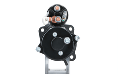 rear view of A new 12V 3.2KW aftermarket starter motor designed for Perkins engines, featuring a black body with metal components visible.