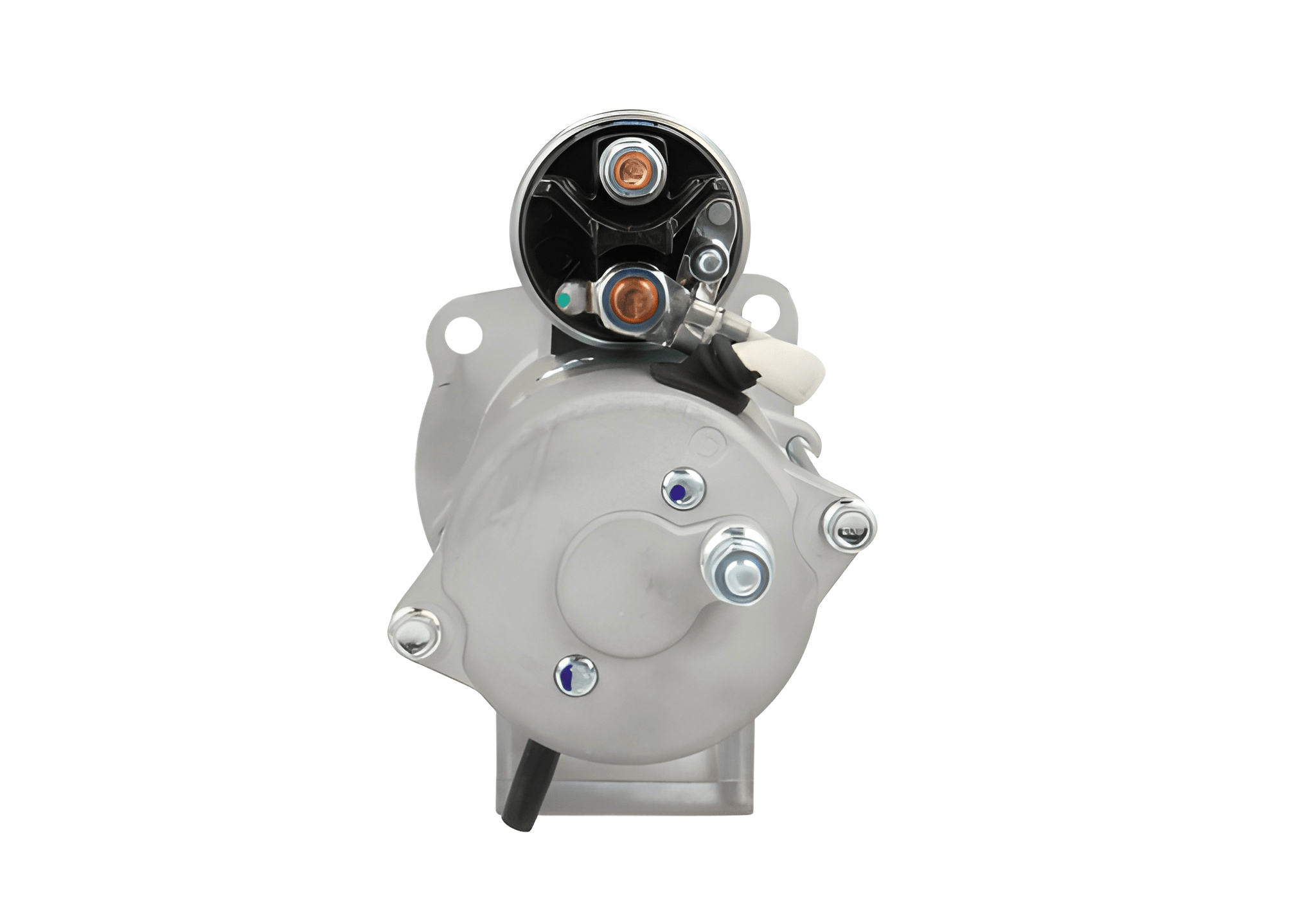 rear view of A new 12V Perkins 3.2 kw starter motor for agco, massey ferguson, jcb vehicles and perkins engines