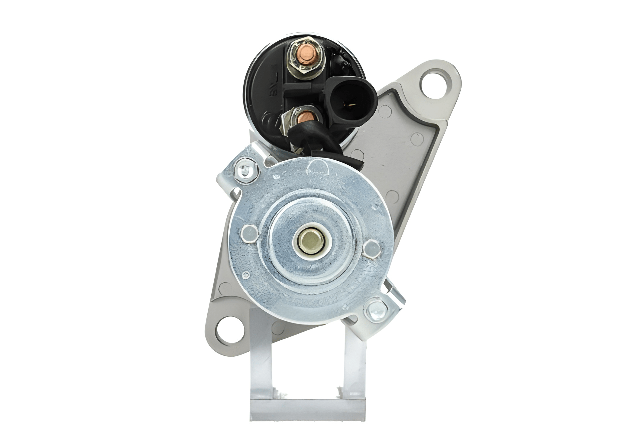 back view of A new 12V starter motor with a 1.1KW power rating built for Volkswagen, seat, skoda and audi vehicles, displaying the metal body and electrical connectors.