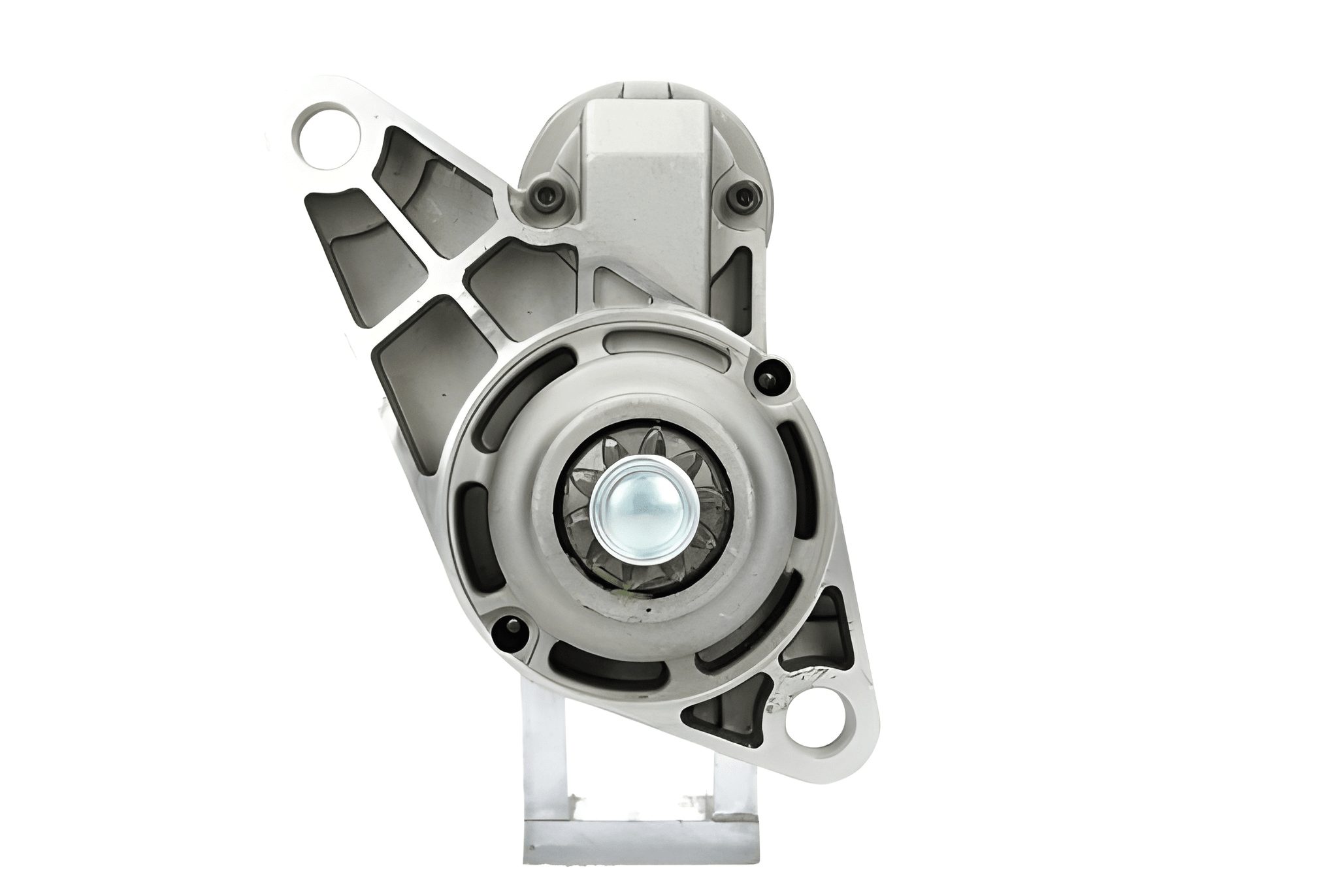 front view of A new 12V starter motor with a 1.1KW power rating built for Volkswagen, seat, skoda and audi vehicles, displaying the metal body and electrical connectors.