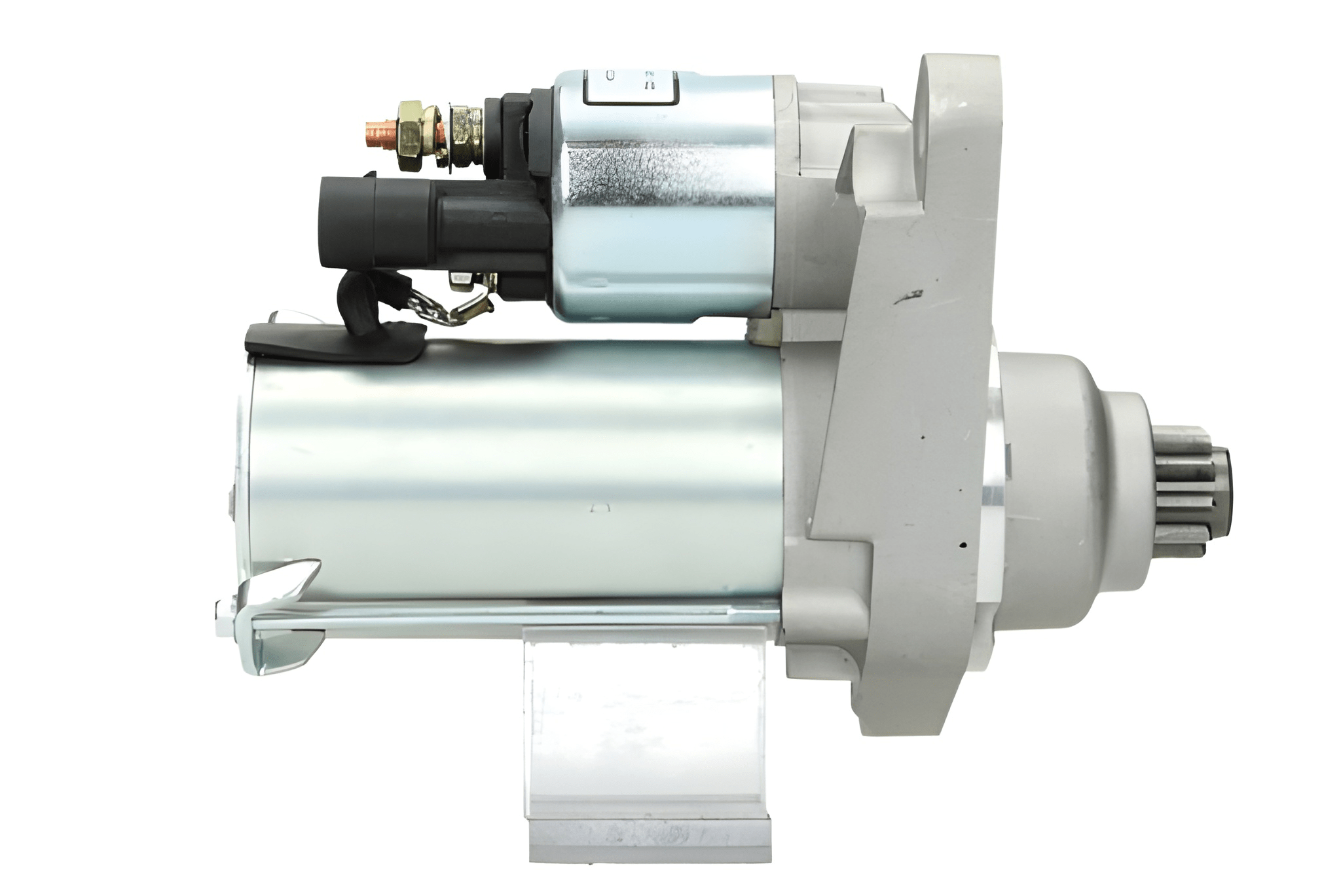 side view of A new 12V starter motor with a 1.1KW power rating built for Volkswagen, seat, skoda and audi vehicles, displaying the metal body and electrical connectors.