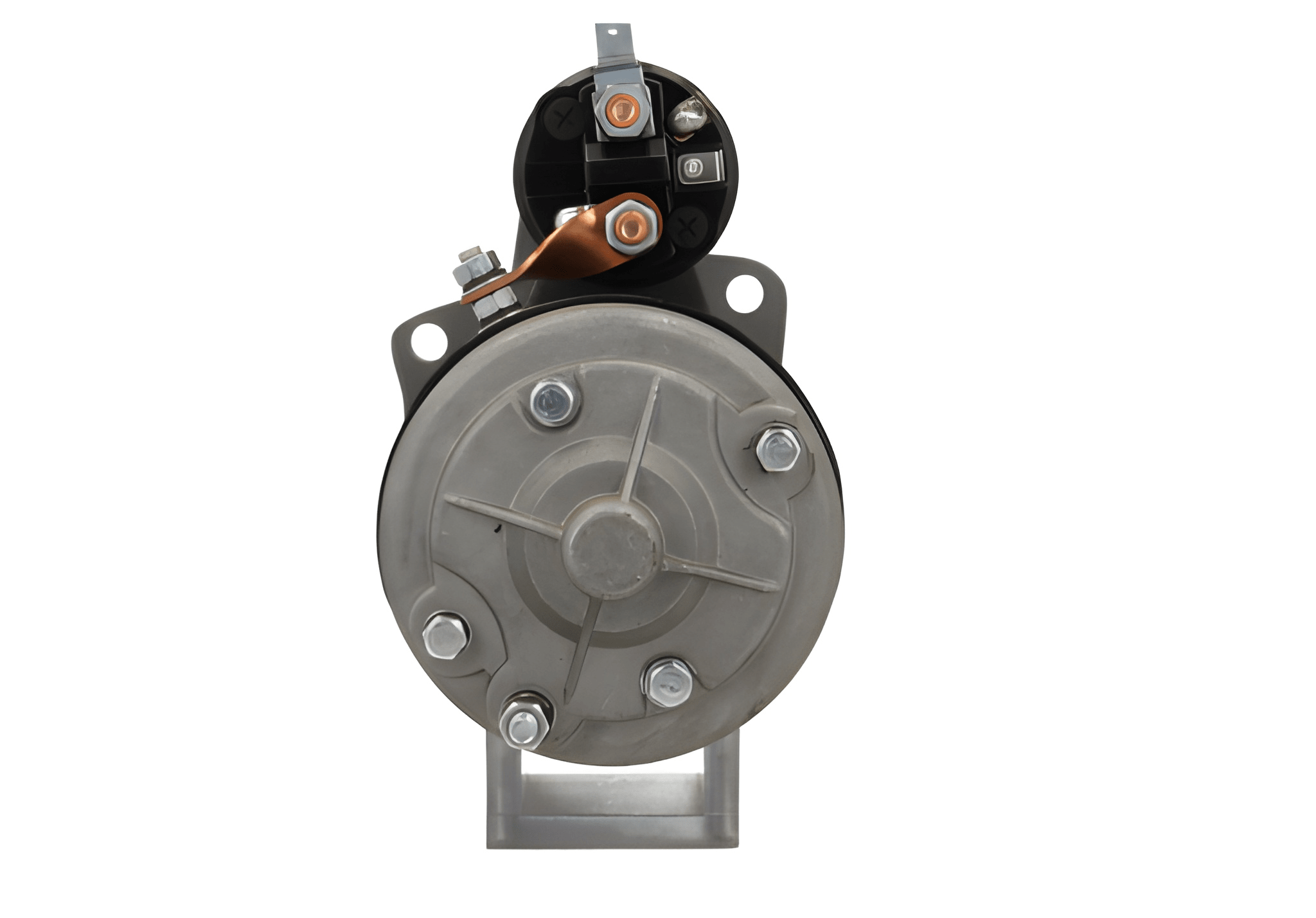 back view of A 12V starter motor 2.1KW for a david brown vehicle, predominantly in black color with metal components and electrical connectors.