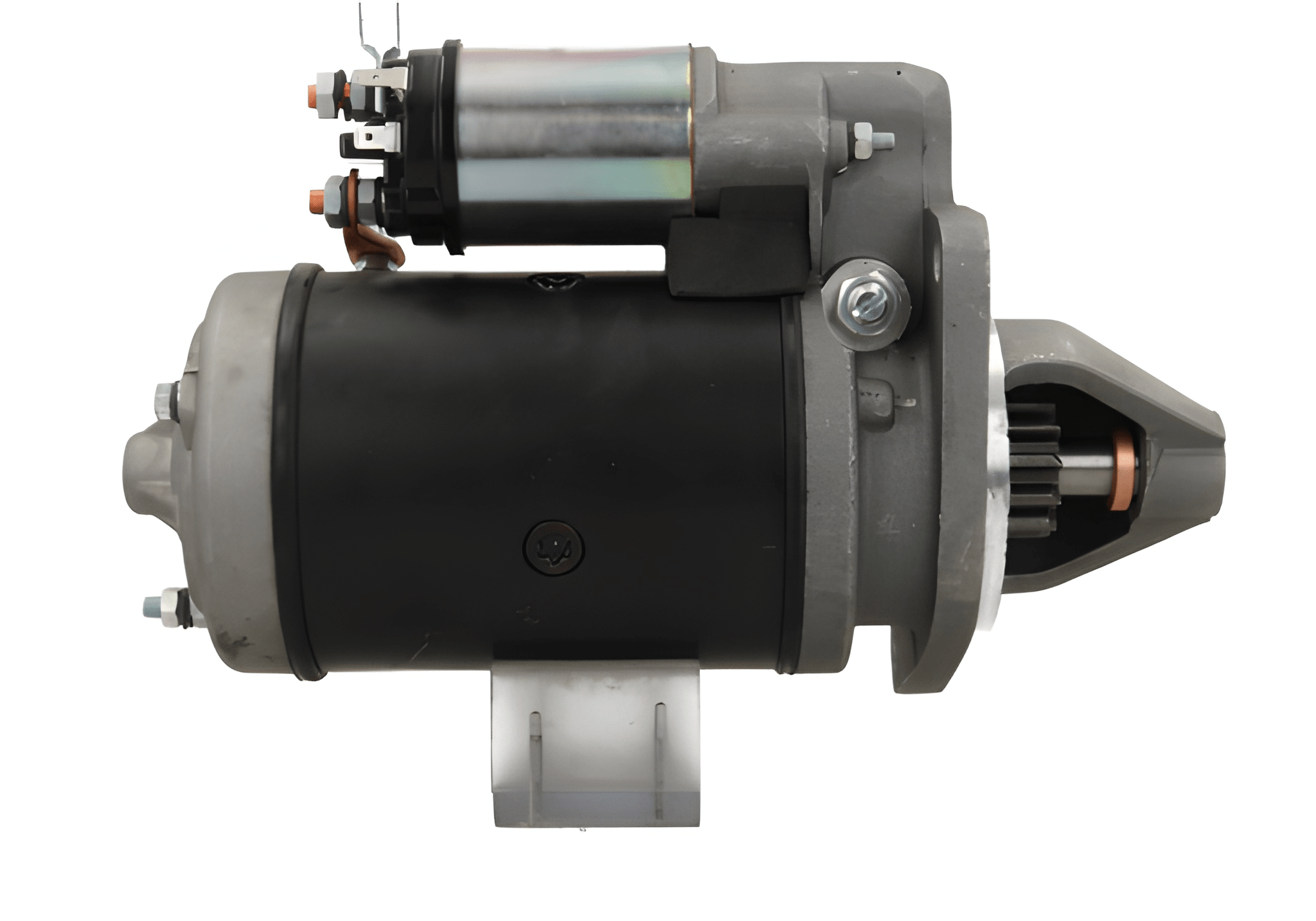 side view of A 12V starter motor 2.1KW for a david brown vehicle, predominantly in black color with metal components and electrical connectors.