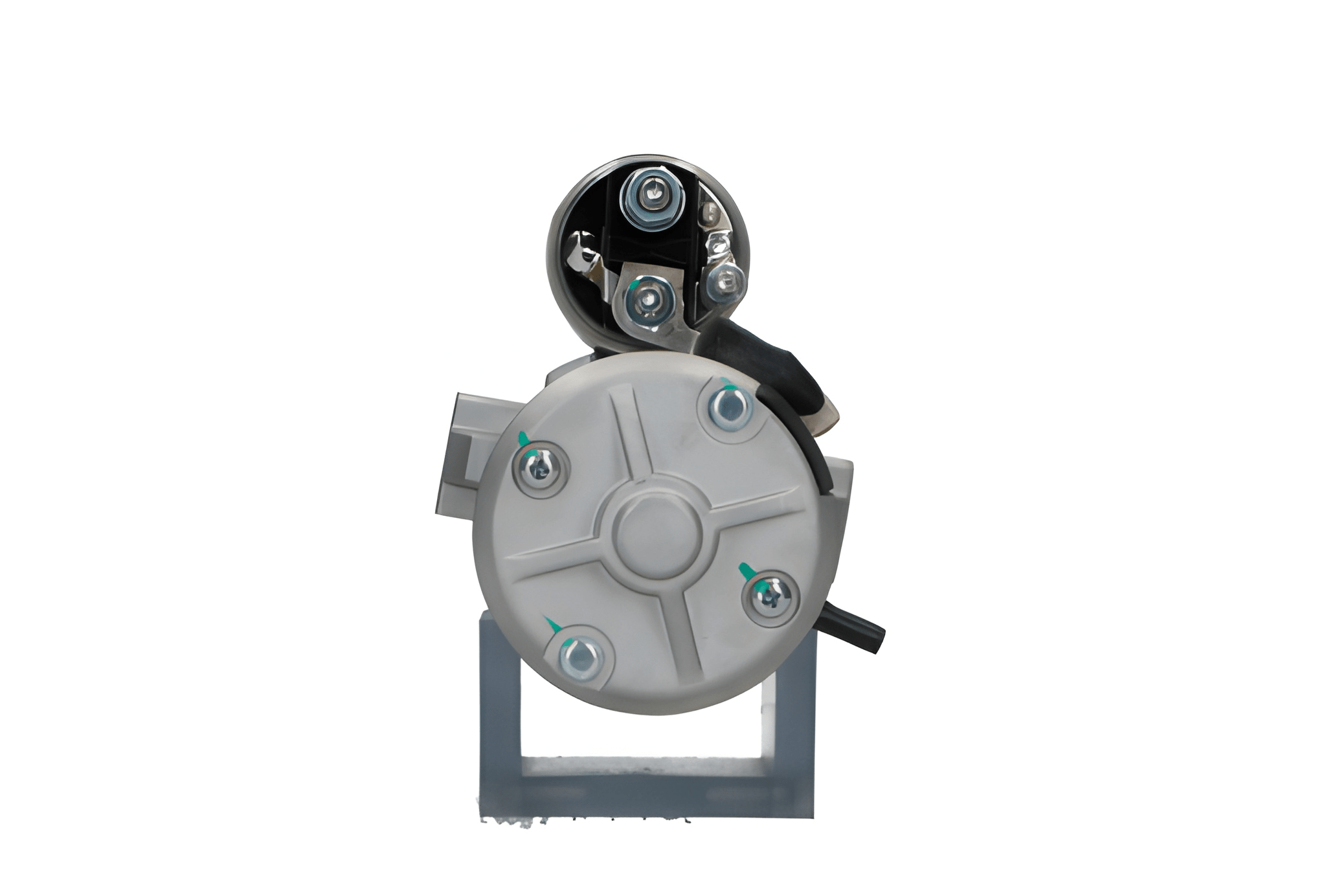 back view of A new 12V Ford starter motor with 2.2 kW power and 11 teeth, visible mounting points, and electrical connectors.