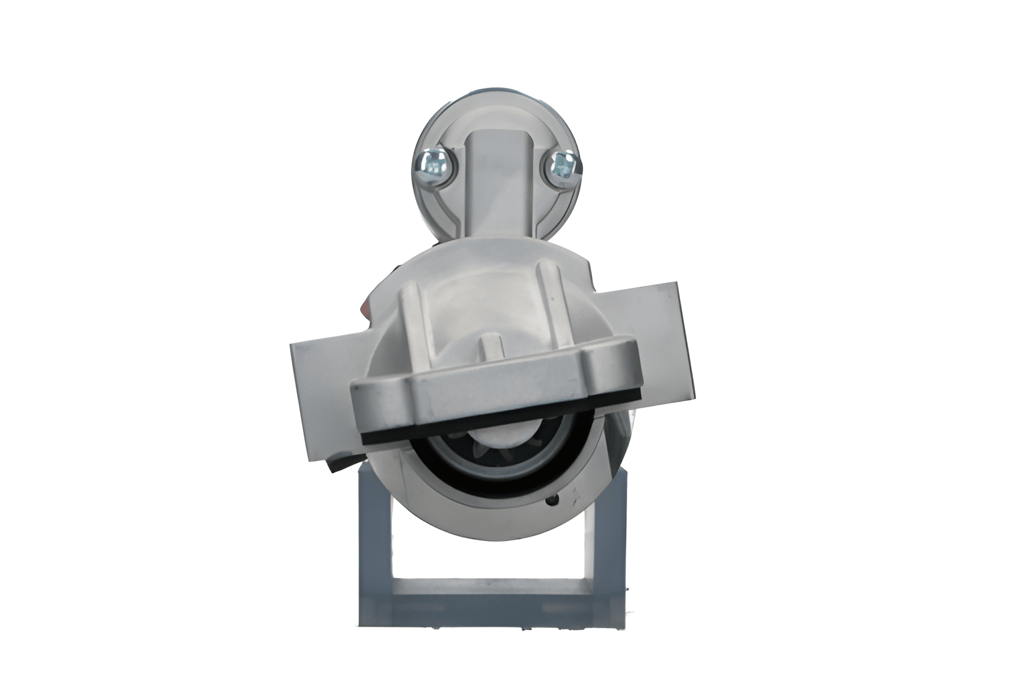 front view of A new 12V Ford starter motor with 2.2 kW power and 11 teeth, visible mounting points, and electrical connectors.
