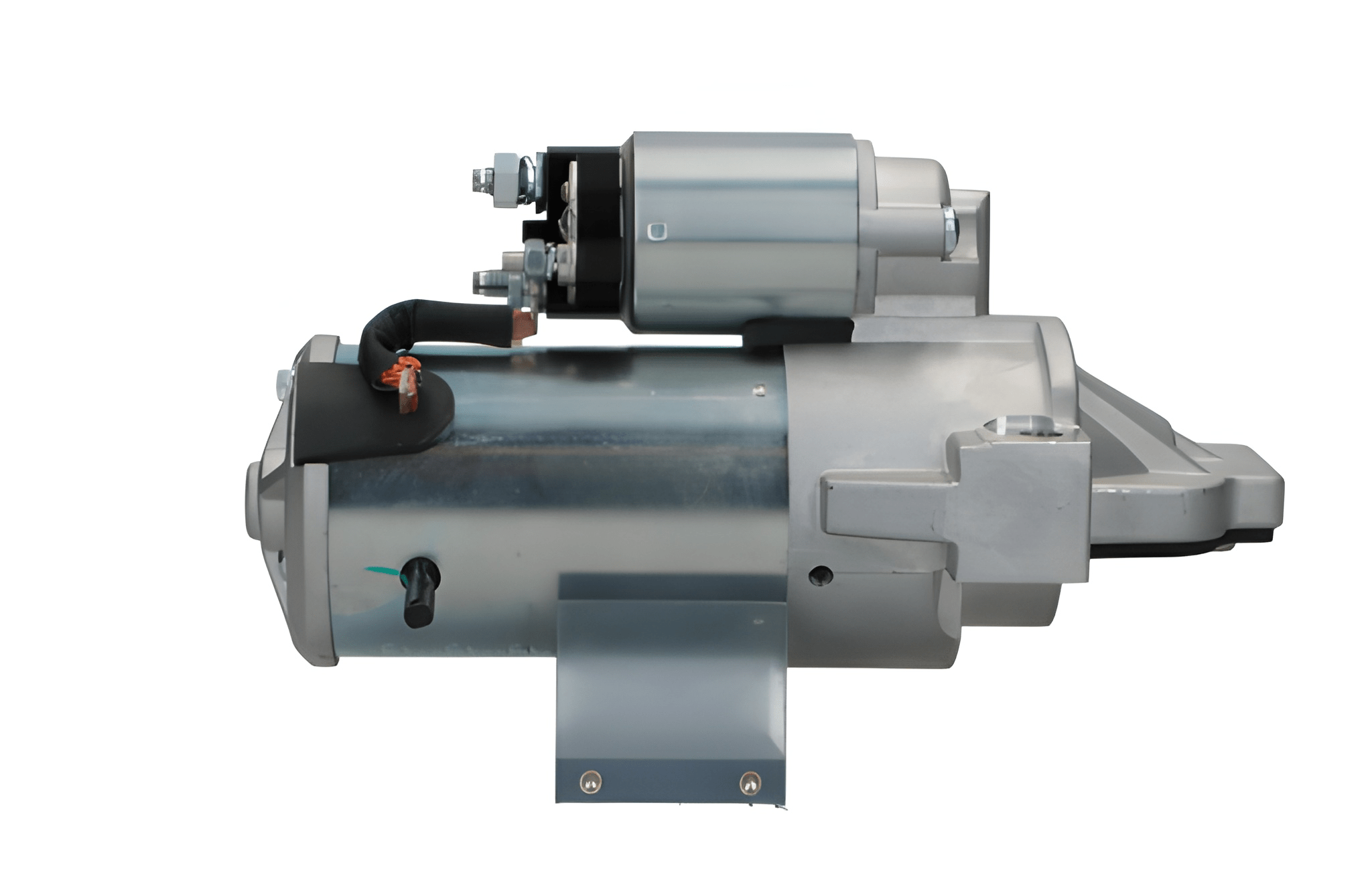 side view of A new 12V Ford starter motor with 2.2 kW power and 11 teeth, visible mounting points, and electrical connectors.