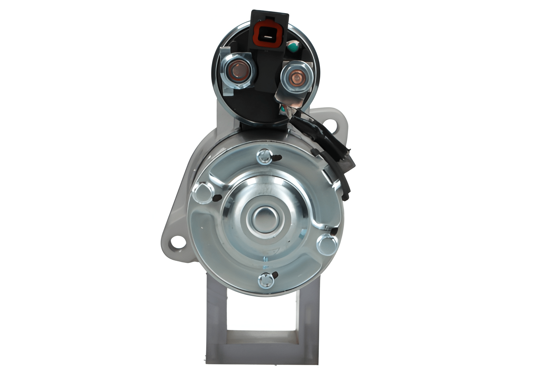 back view of A new 12V Hyundai / kia starter motor 1.8 kw, with a metallic finish and electrical connectors.