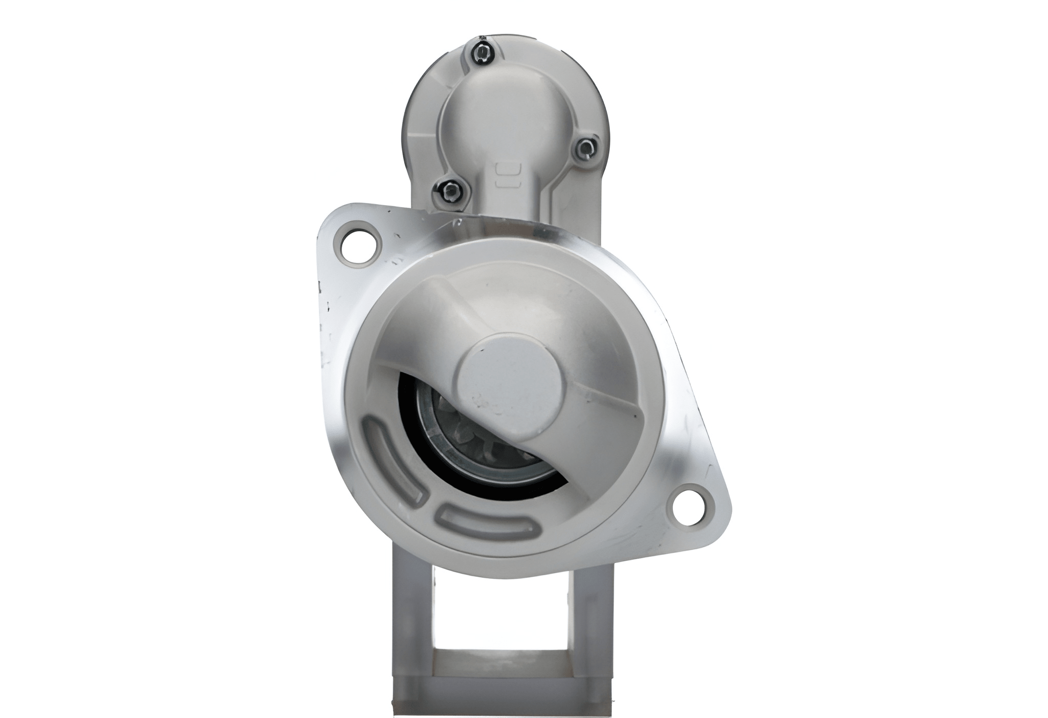 front view of A new 12V Hyundai / kia starter motor 1.8 kw, with a metallic finish and electrical connectors.