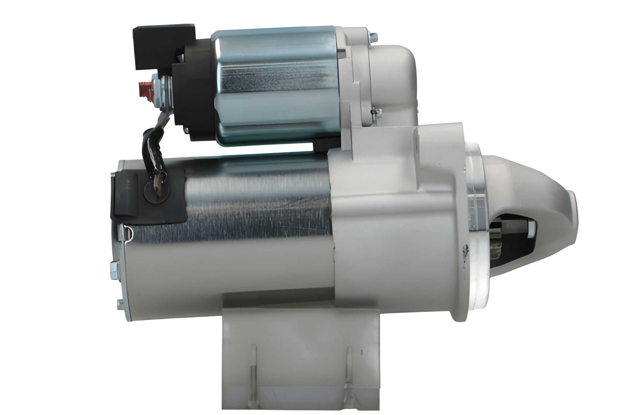 side view of A new 12V Hyundai / kia starter motor 1.8 kw, with a metallic finish and electrical connectors.