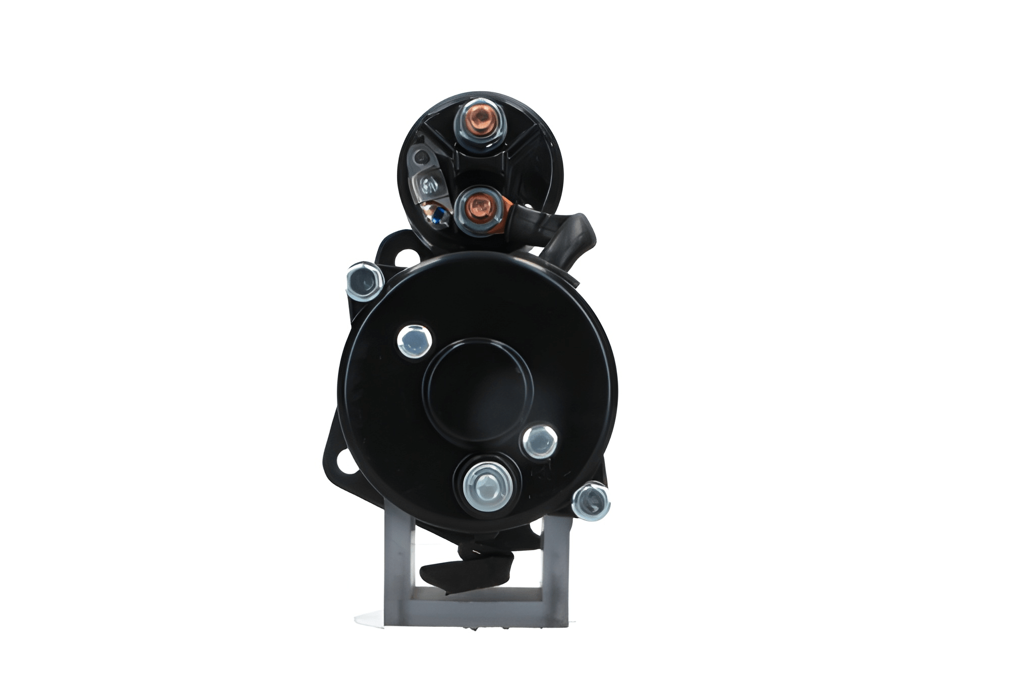 rear view of A black JCB 12V starter motor for a vehicle, 4.2KW with visible mounting points and electrical connectors.